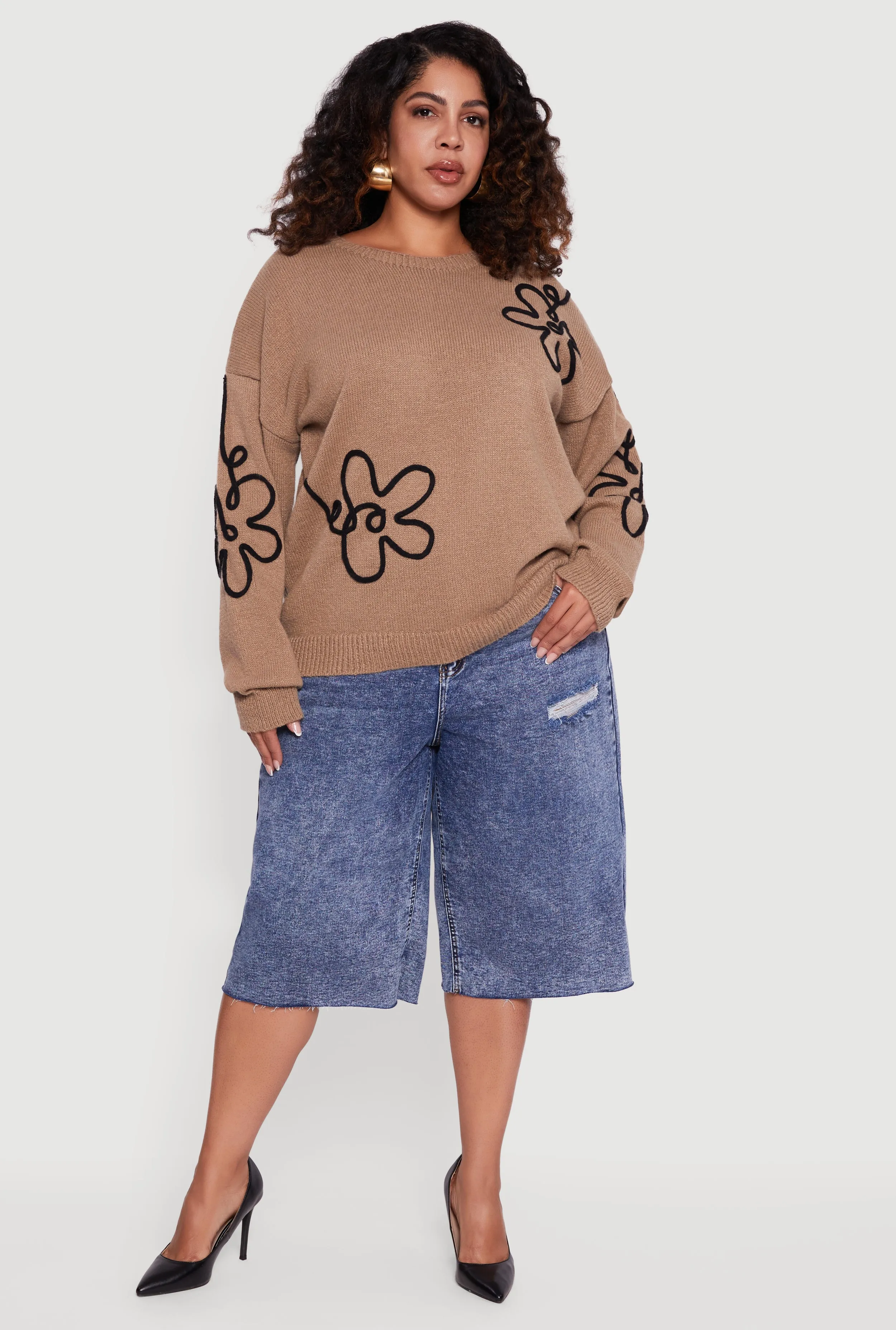 Plus Size Brushed Knit Flower Embroidered Sweater sold by Rainbow