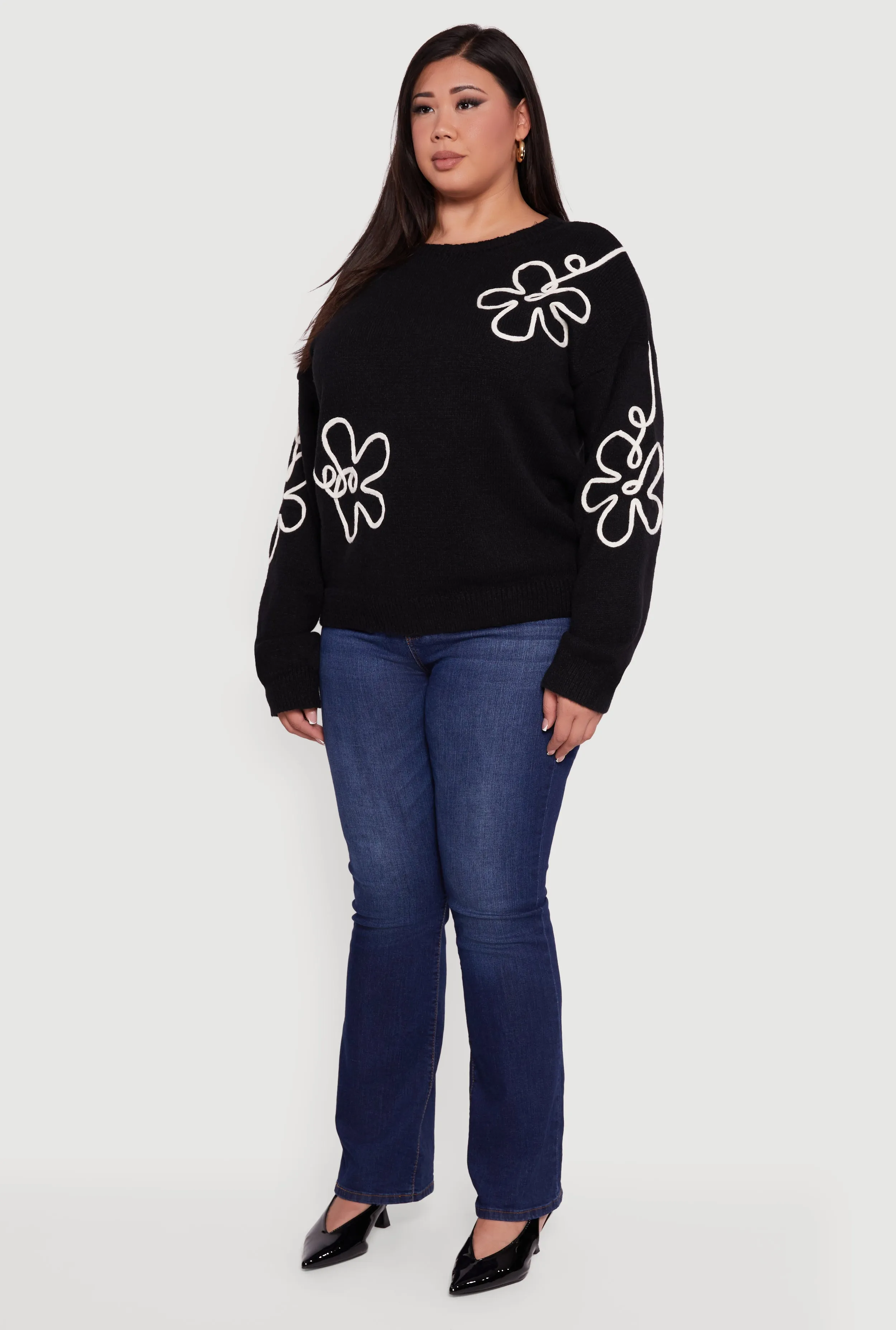 Plus Size Brushed Knit Flower Embroidered Sweater sold by Rainbow product image thumbnail 5