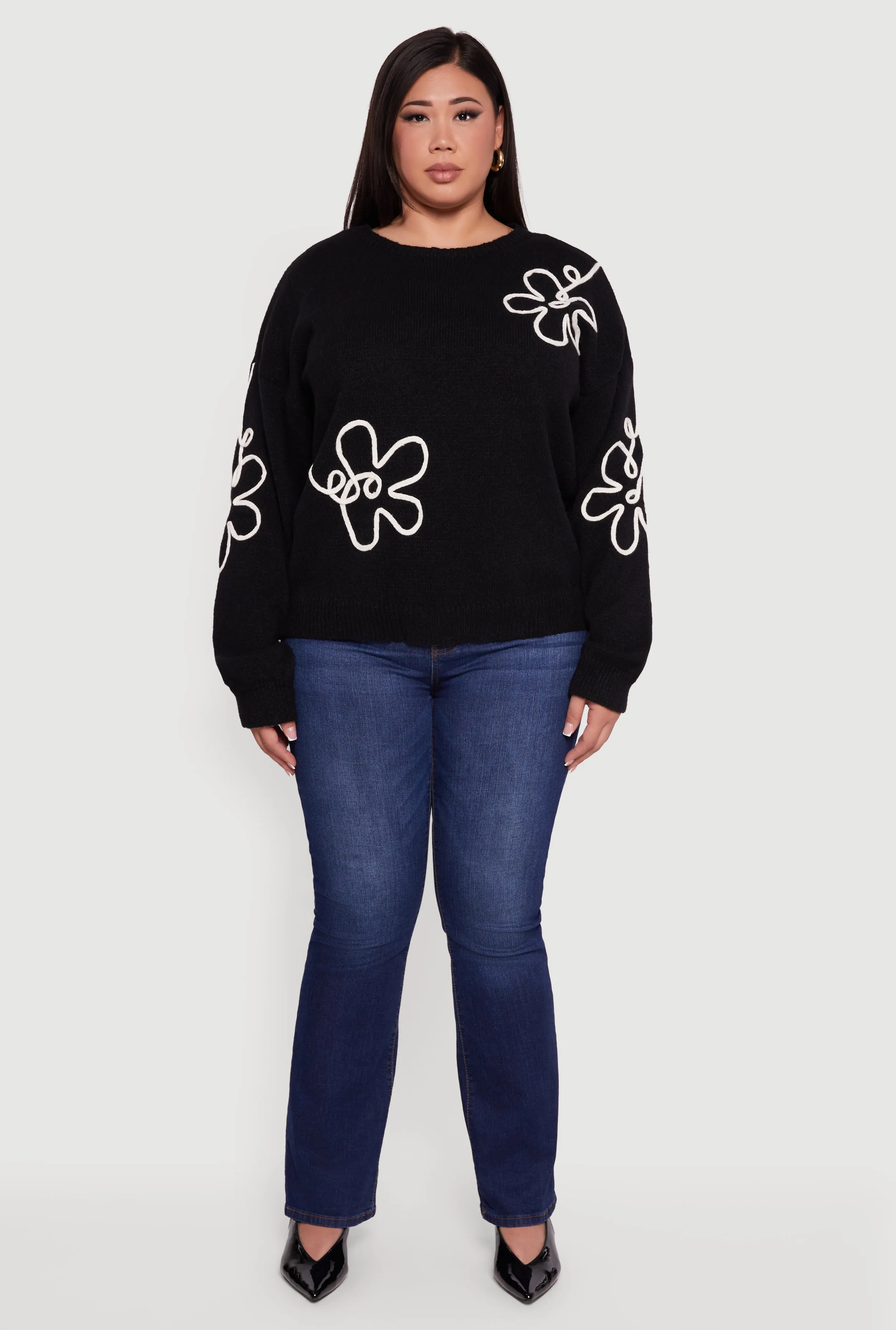 Plus Size Brushed Knit Flower Embroidered Sweater sold by Rainbow product image thumbnail 3