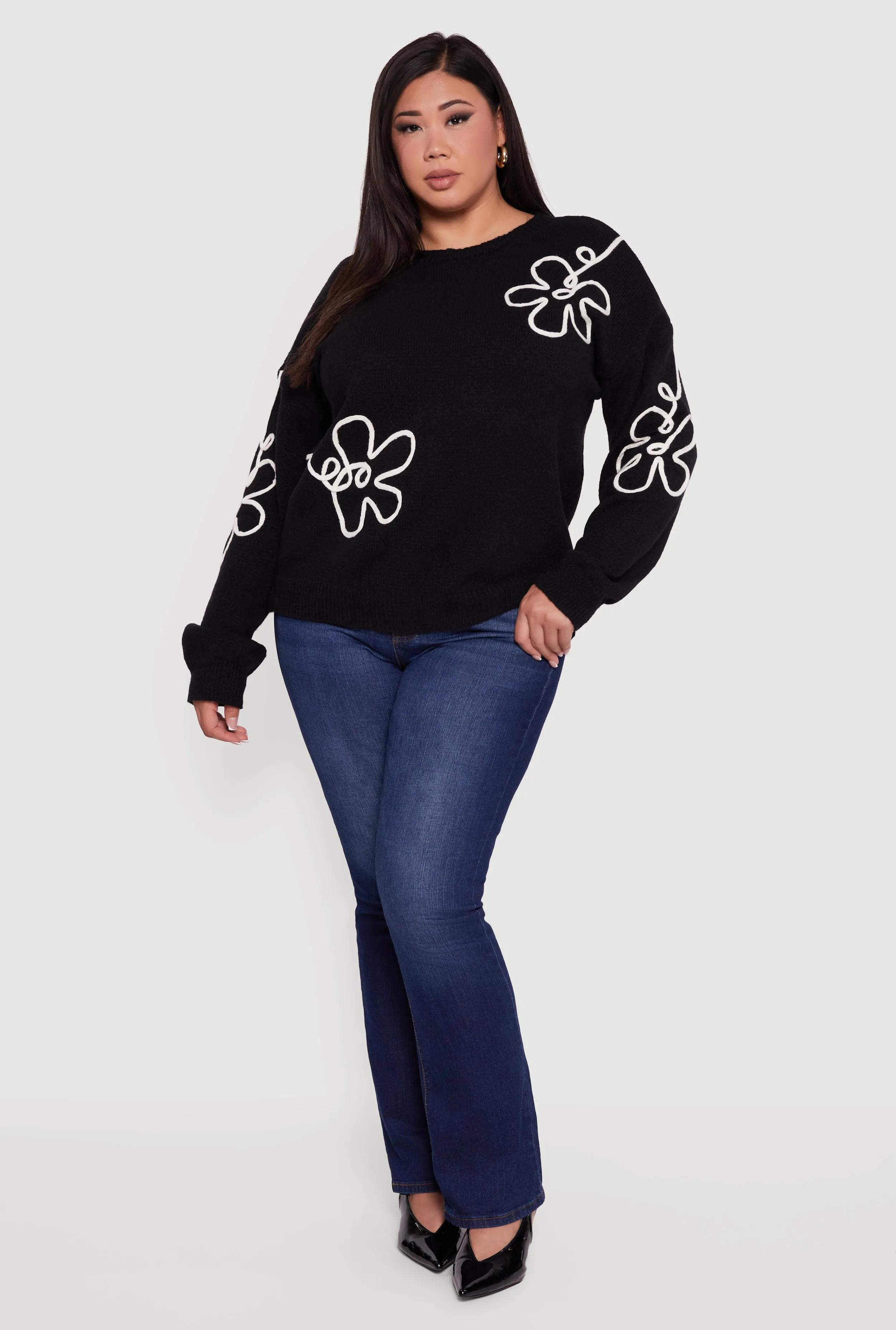 Plus Size Brushed Knit Flower Embroidered Sweater sold by Rainbow