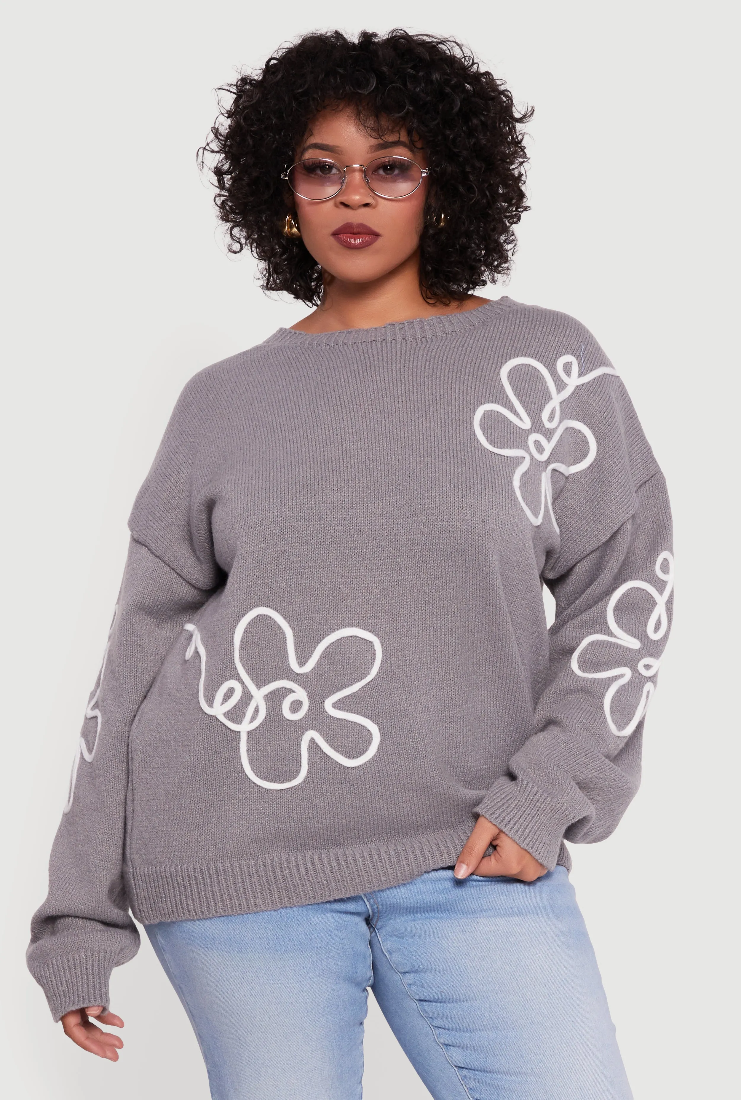 Plus Size Brushed Knit Flower Embroidered Sweater sold by Rainbow product image thumbnail 2