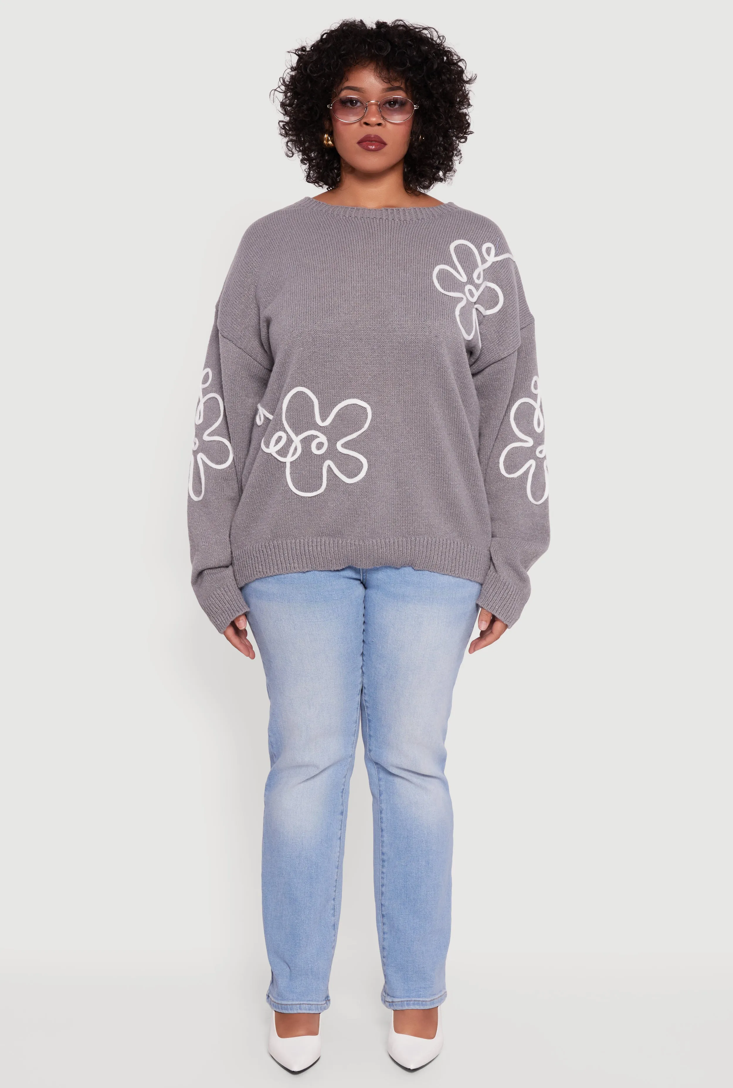 Plus Size Brushed Knit Flower Embroidered Sweater sold by Rainbow product image thumbnail 3