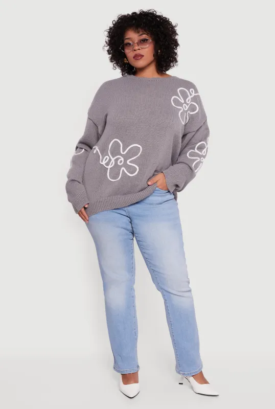 Plus Size Brushed Knit Flower Embroidered Sweater sold by Rainbow