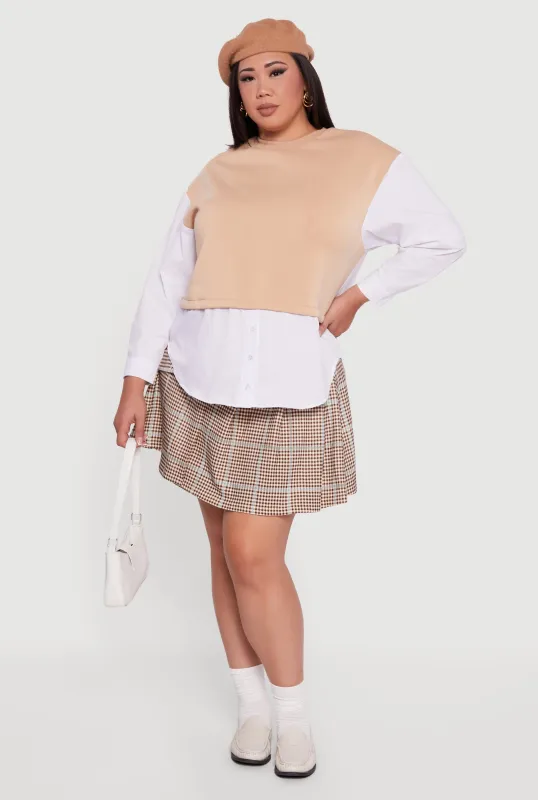 Plus Size Button Detail Sweatshirt Insert Layered Look Blouse sold by Rainbow