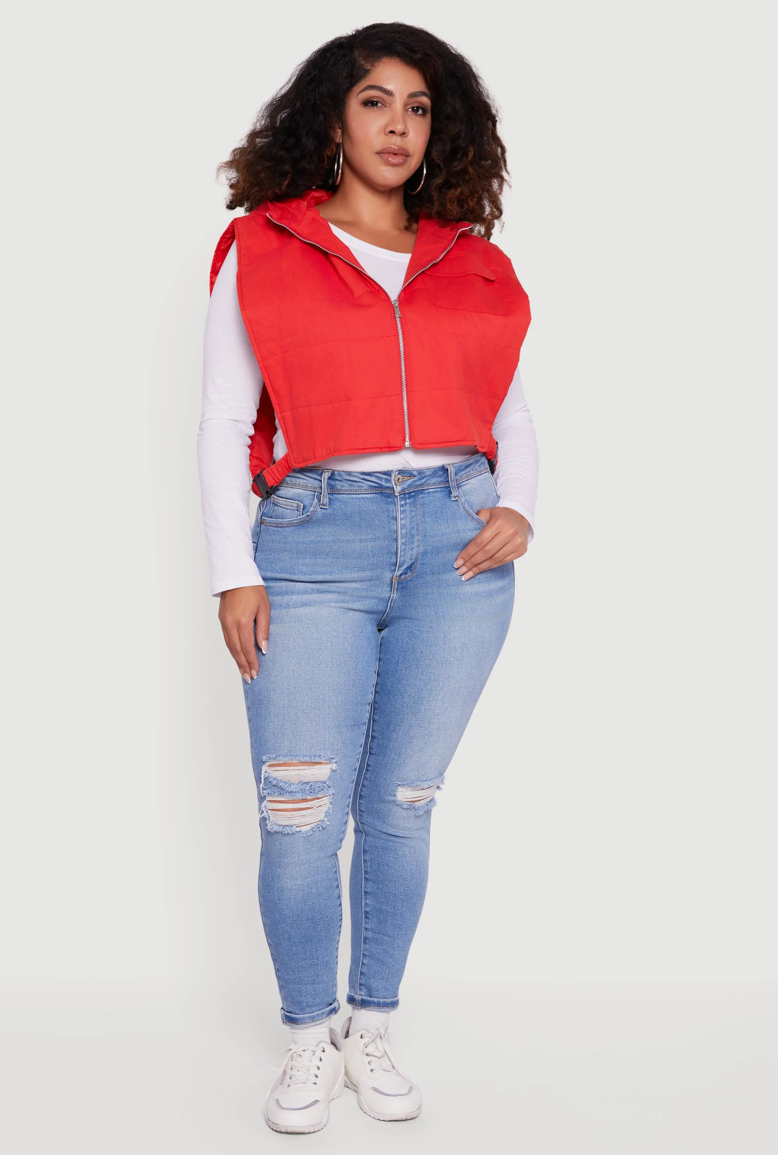 Plus Size Side Buckle Hooded Zip Front Quilted Vest sold by Rainbow