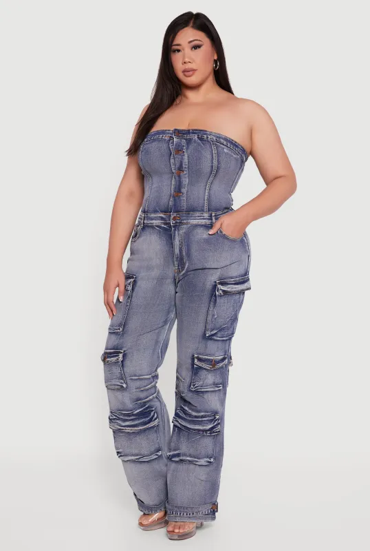 Plus Size Acid Wash Cargo Pocket Button Front Jumpsuit sold by Rainbow