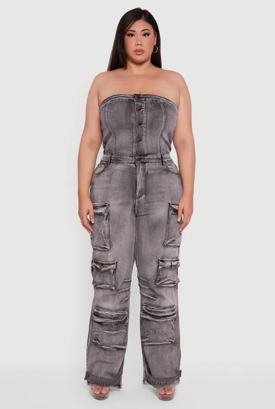 Plus Size Acid Wash Cargo Pocket Button Front Jumpsuit sold by Rainbow