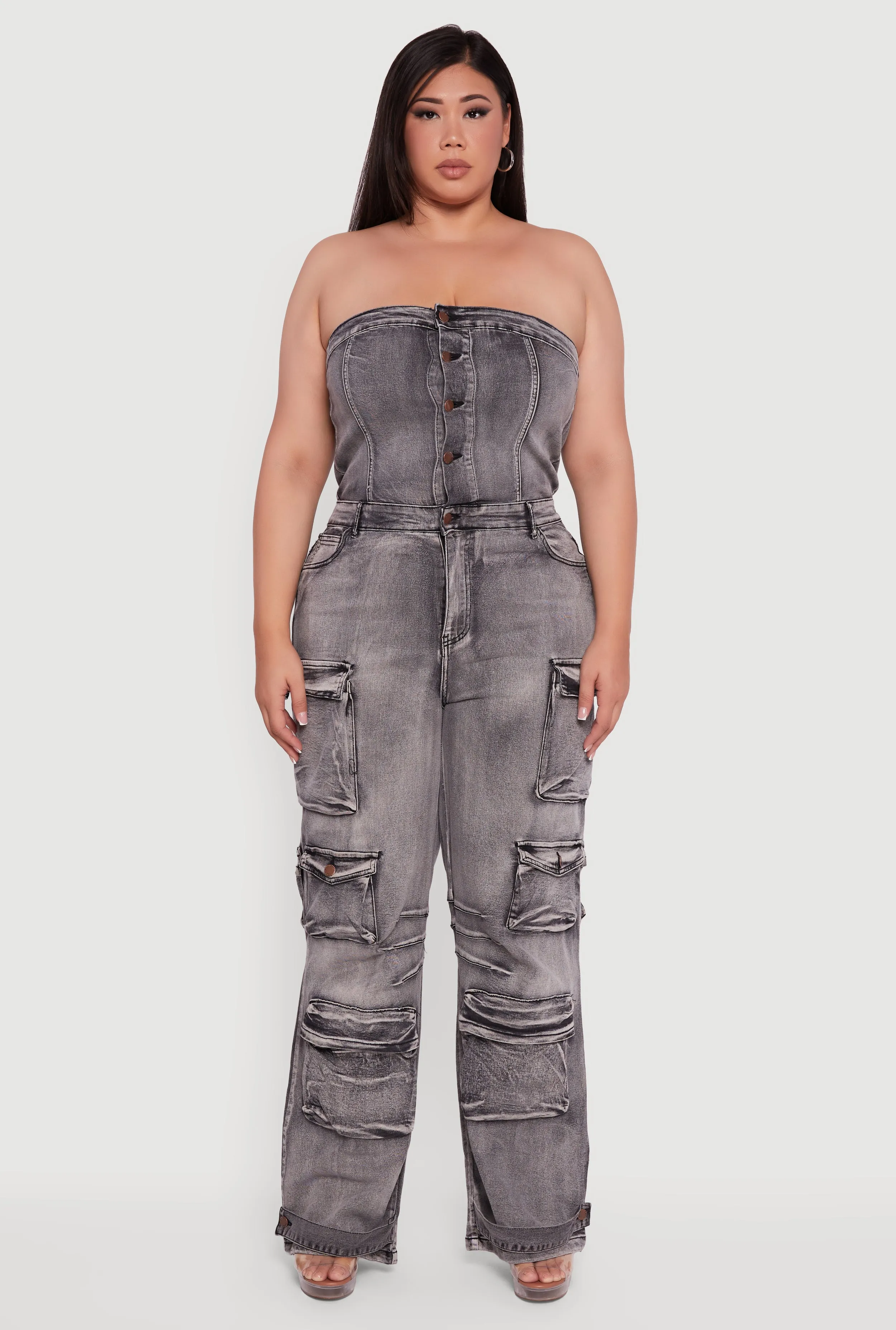 Plus Size Acid Wash Cargo Pocket Button Front Jumpsuit sold by Rainbow