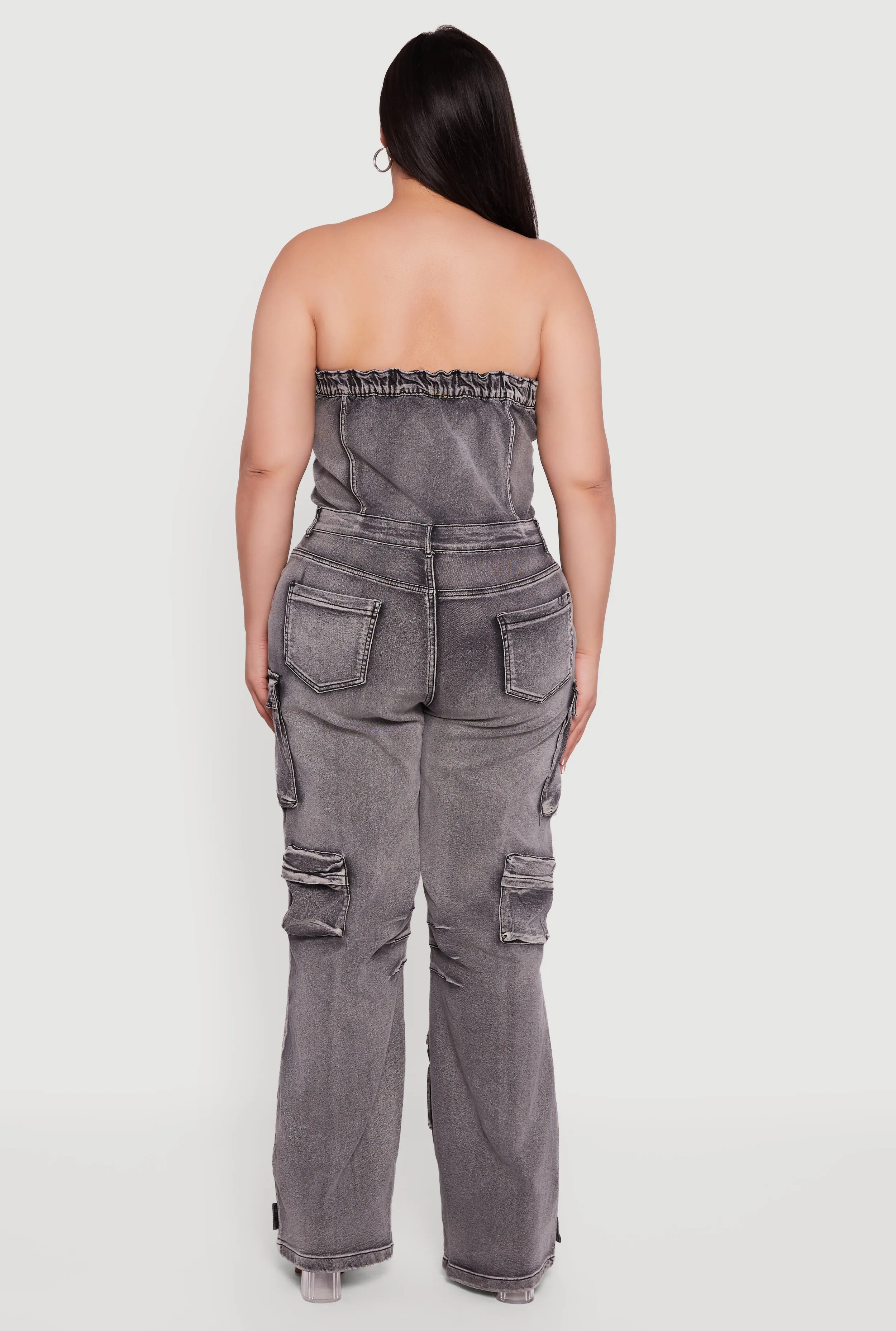 Plus Size Acid Wash Cargo Pocket Button Front Jumpsuit sold by Rainbow product image thumbnail 5