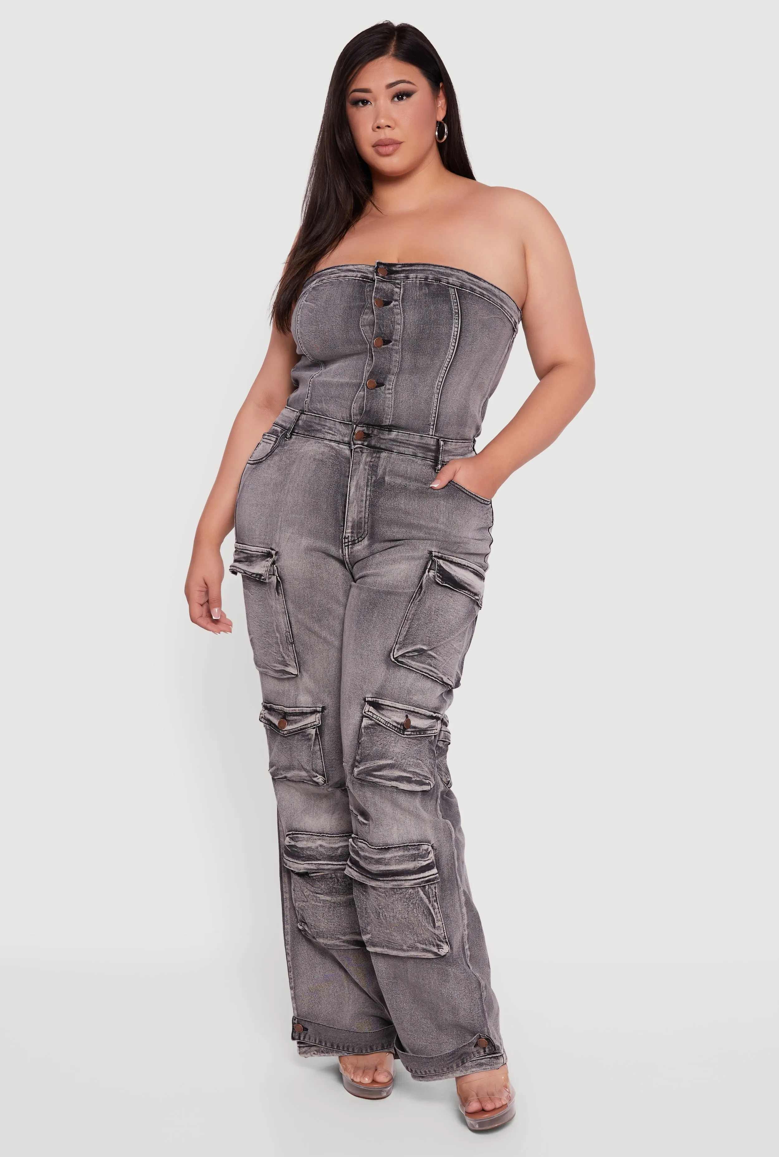 Plus Size Acid Wash Cargo Pocket Button Front Jumpsuit sold by Rainbow product image thumbnail 2
