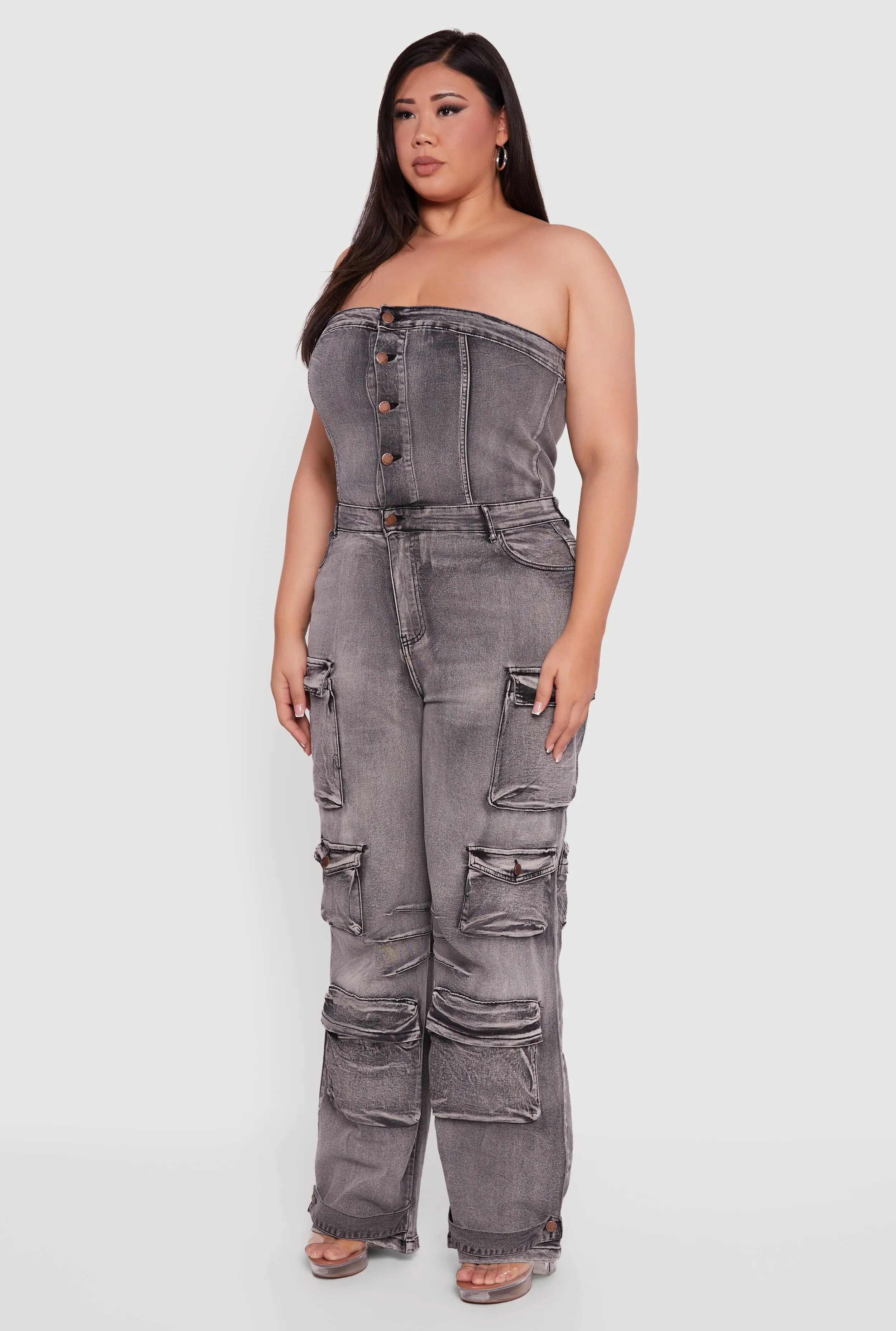 Plus Size Acid Wash Cargo Pocket Button Front Jumpsuit sold by Rainbow product image thumbnail 3