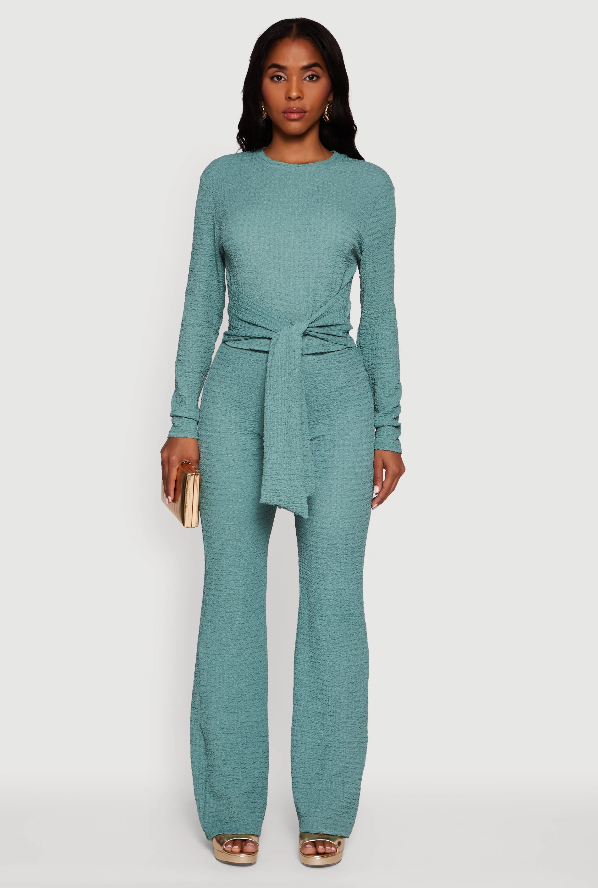 Textured Knit High Waisted Flare Leg Pants sold by Rainbow