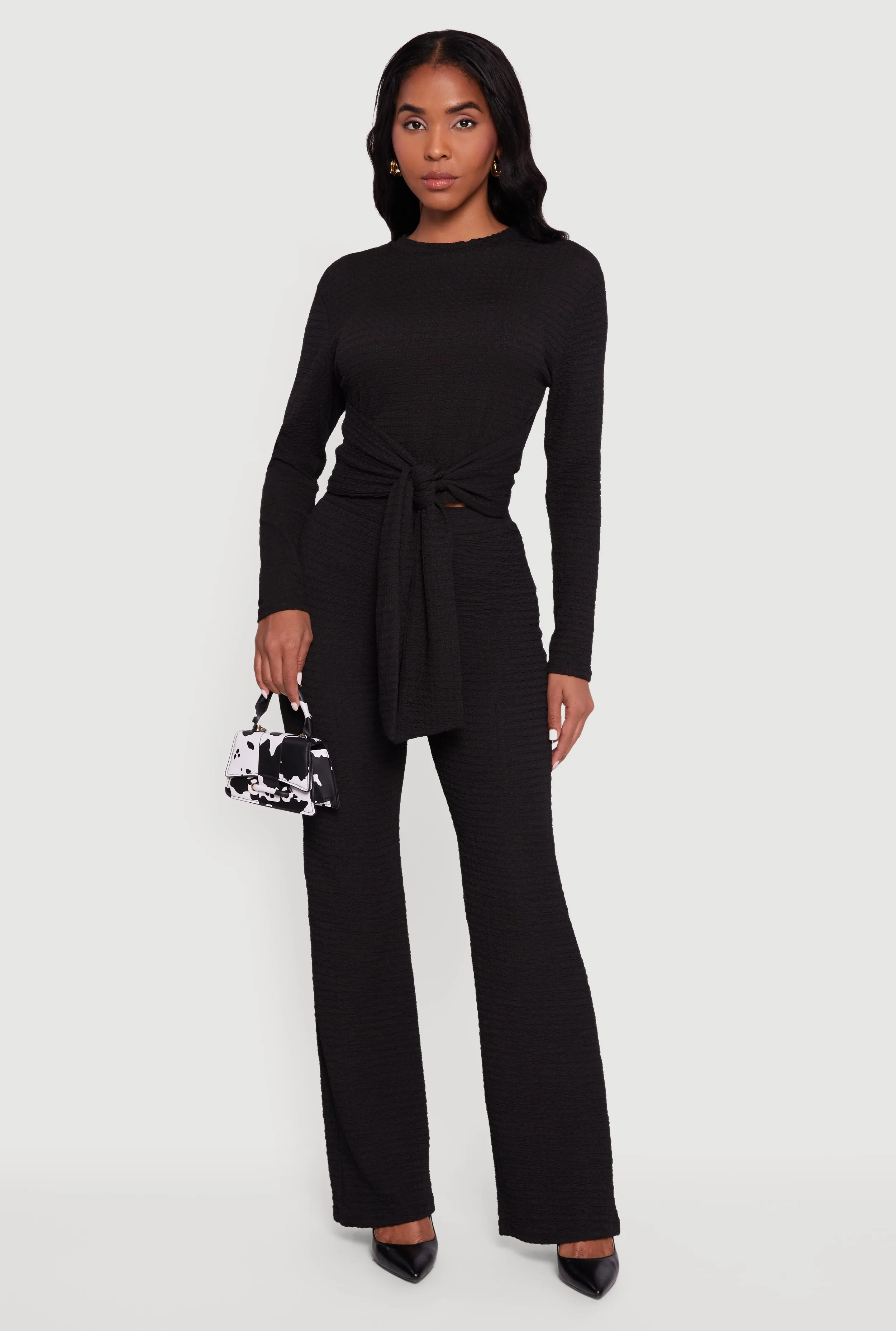 Textured Knit High Waisted Flare Leg Pants sold by Rainbow