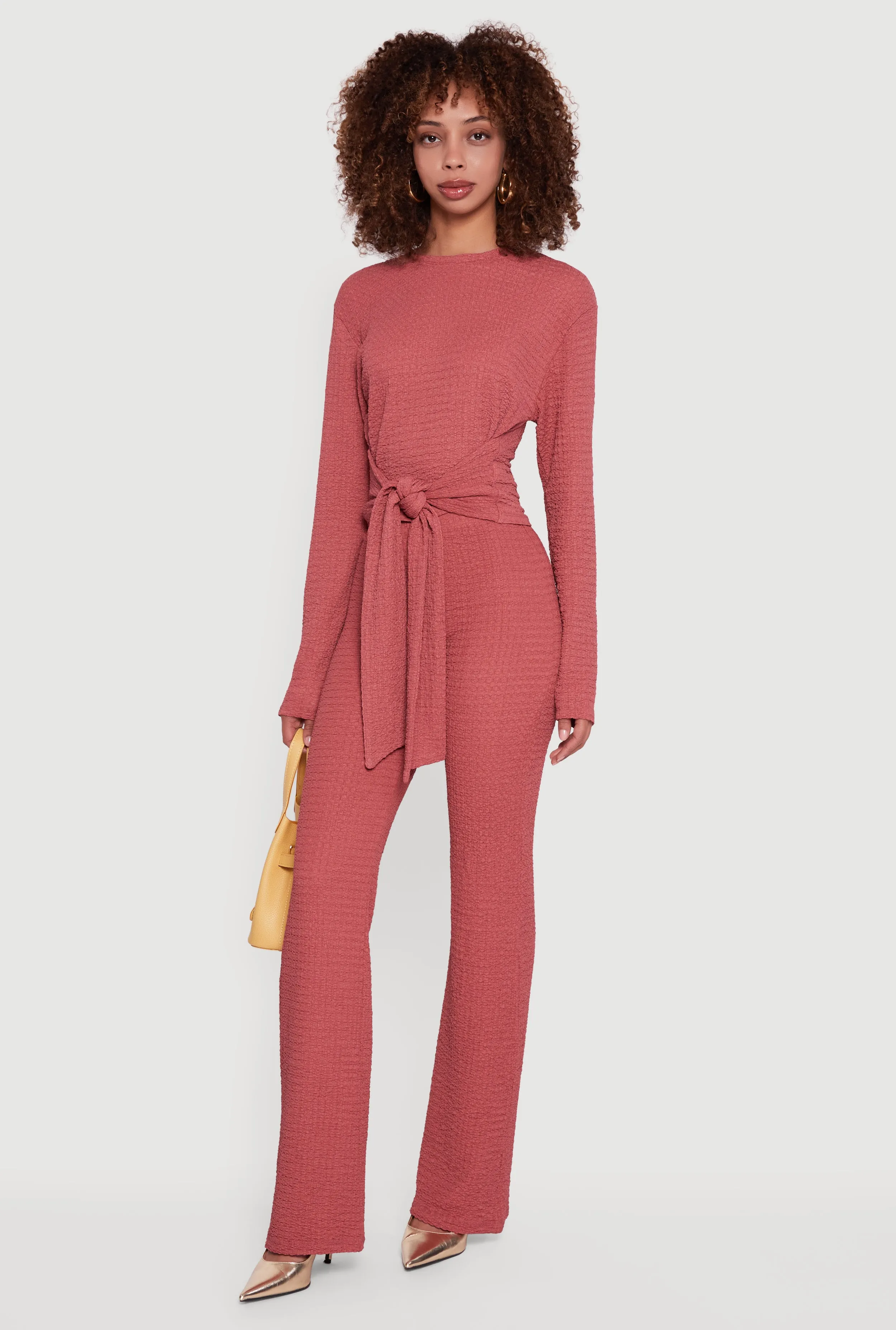 Textured Knit High Waisted Flare Leg Pants sold by Rainbow