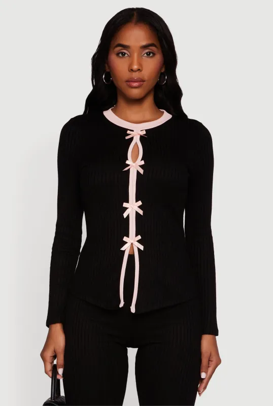 Ribbed Knit Long Sleeve Crew Neck Top with Bows sold by Rainbow