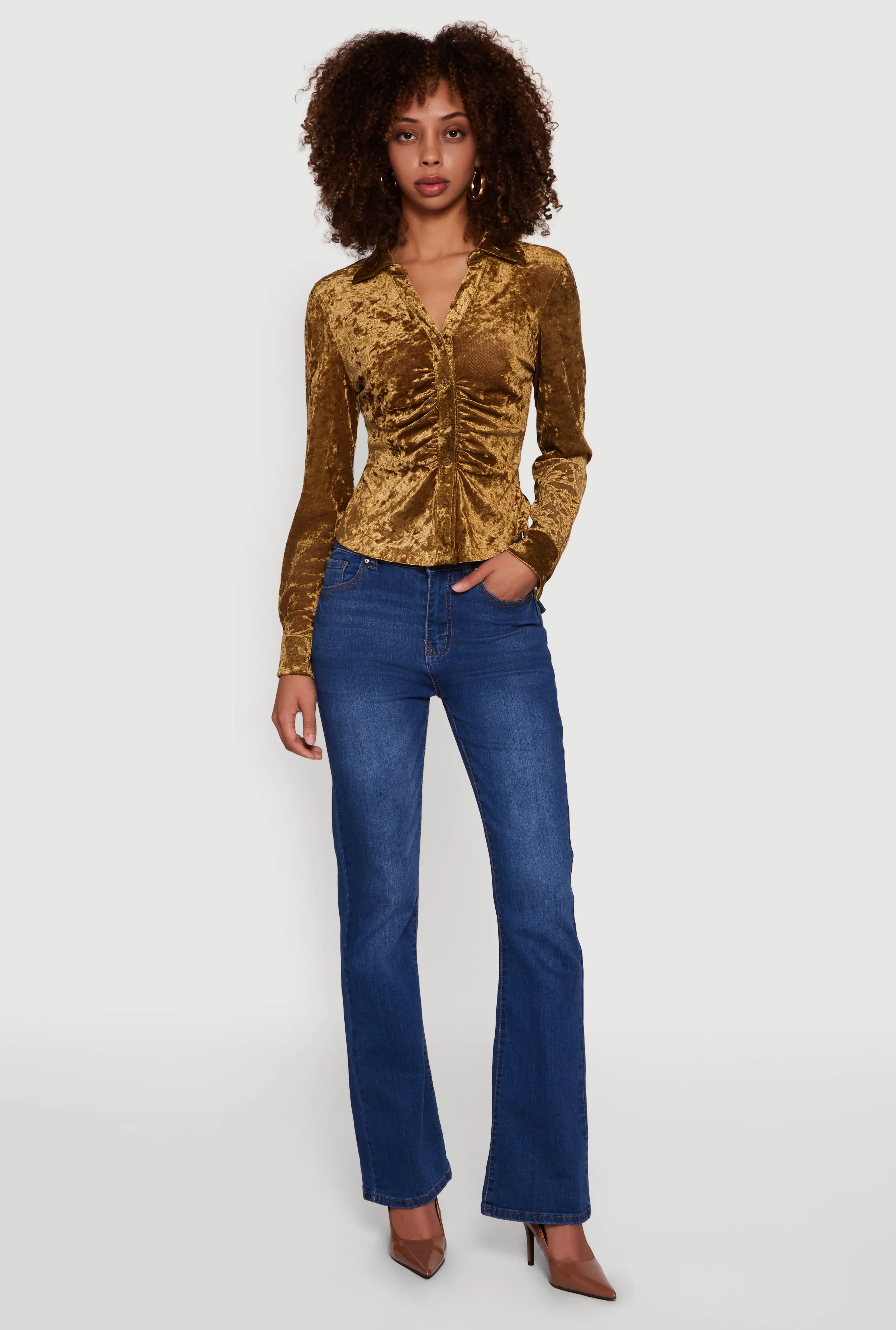 Crushed Velvet Ruched Button Front Shirt sold by Rainbow