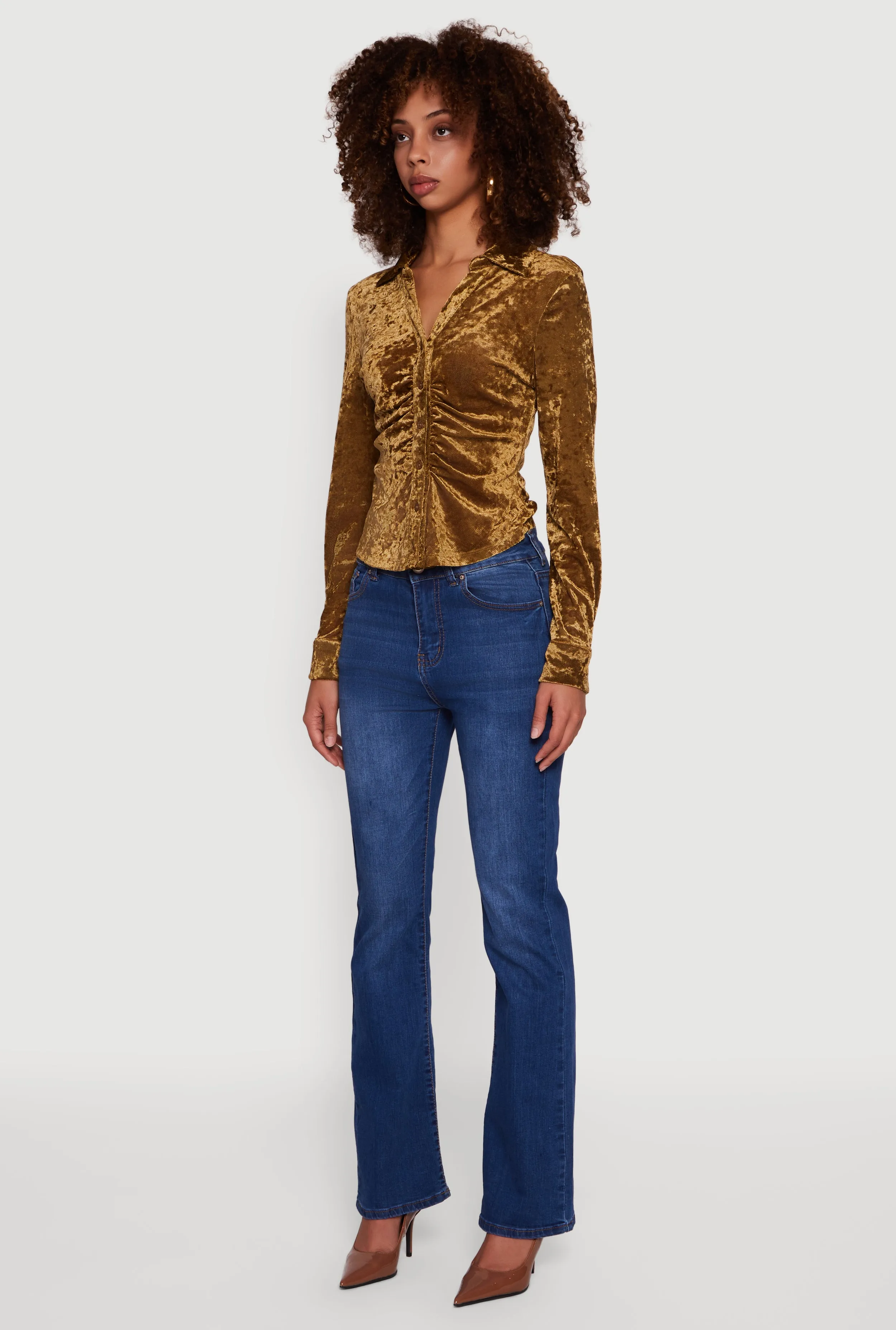 Crushed Velvet Ruched Button Front Shirt sold by Rainbow product image thumbnail 5