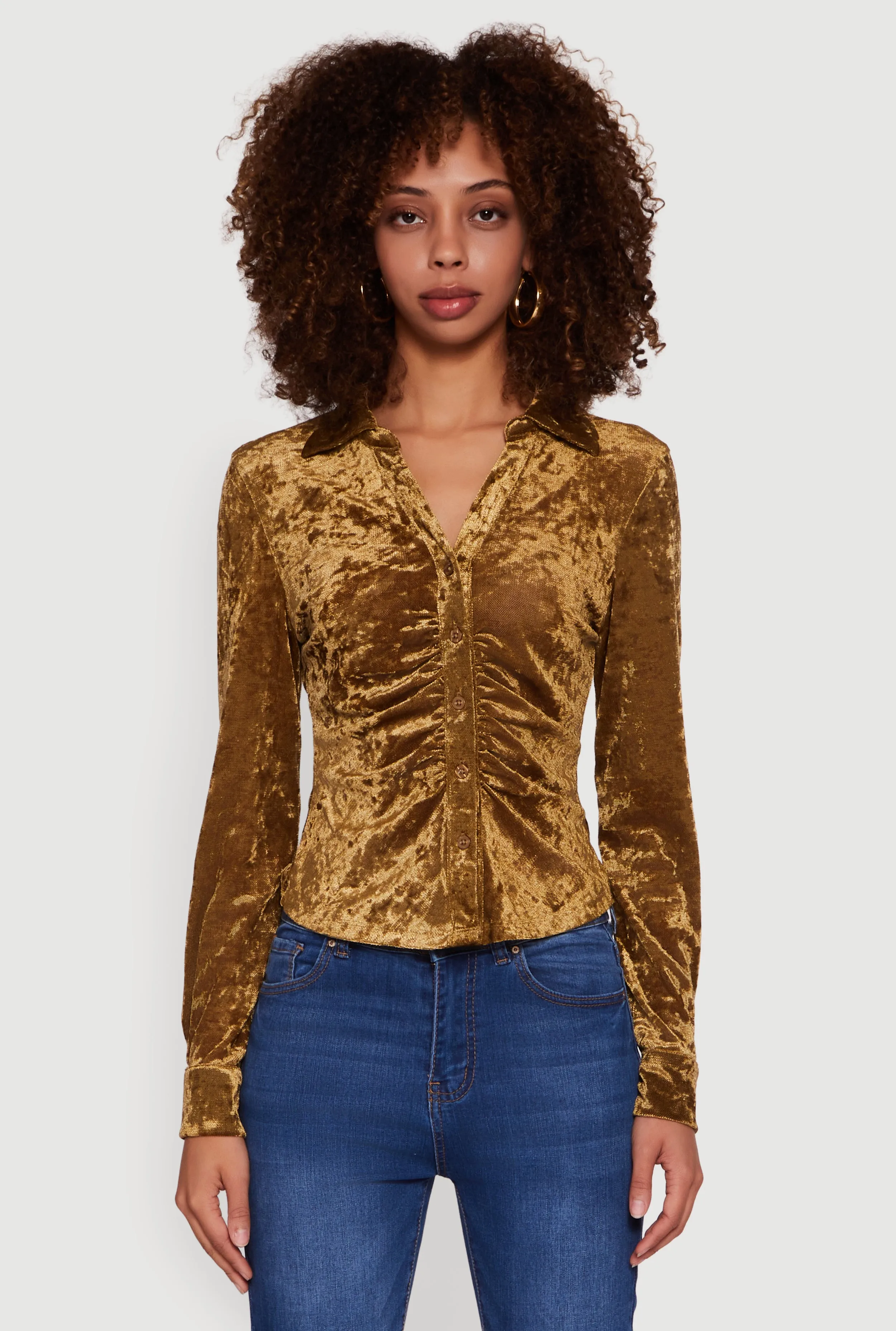 Crushed Velvet Ruched Button Front Shirt sold by Rainbow product image thumbnail 2