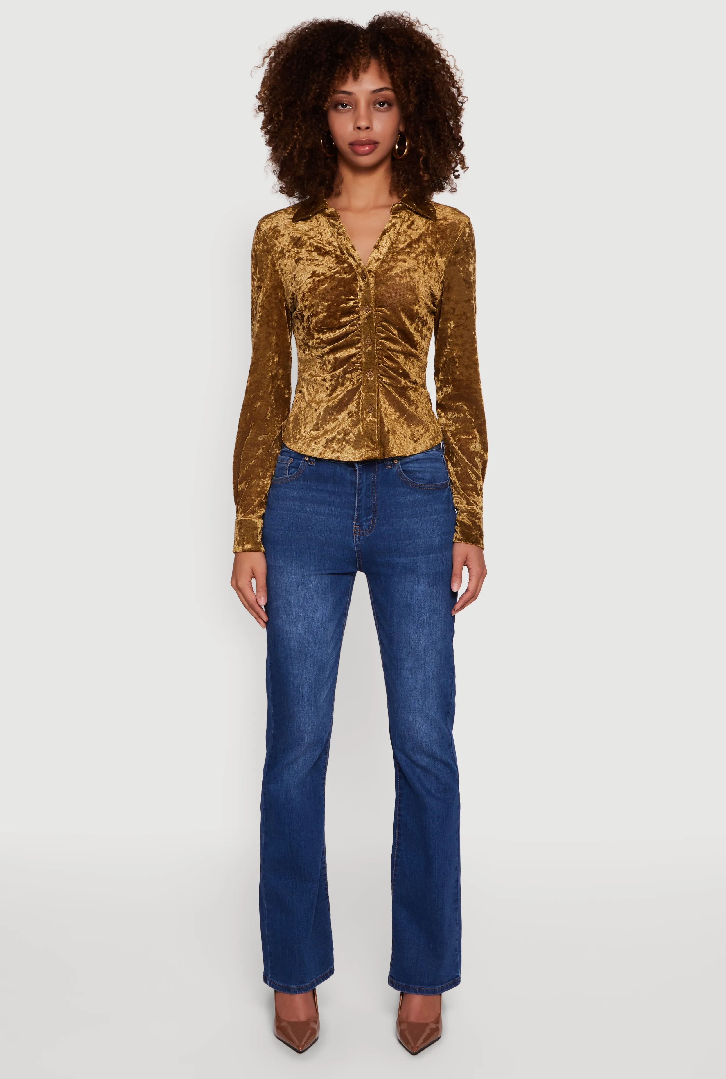 Crushed Velvet Ruched Button Front Shirt sold by Rainbow product image thumbnail 3