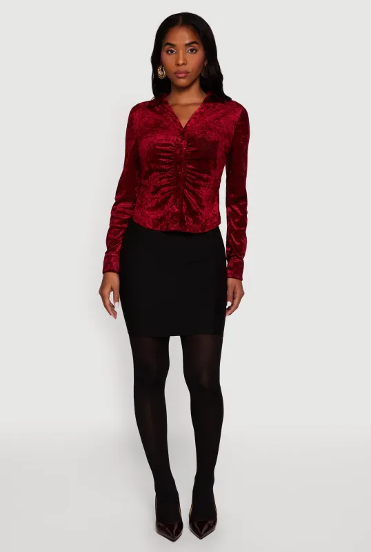 Crushed Velvet Ruched Button Front Shirt sold by Rainbow