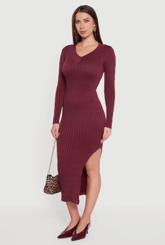 Long Sleeve V Neck Side Slit Sweater Dress sold by Rainbow