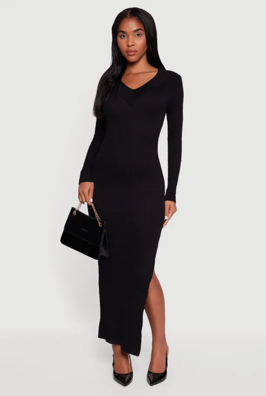 Long Sleeve V Neck Side Slit Sweater Dress sold by Rainbow