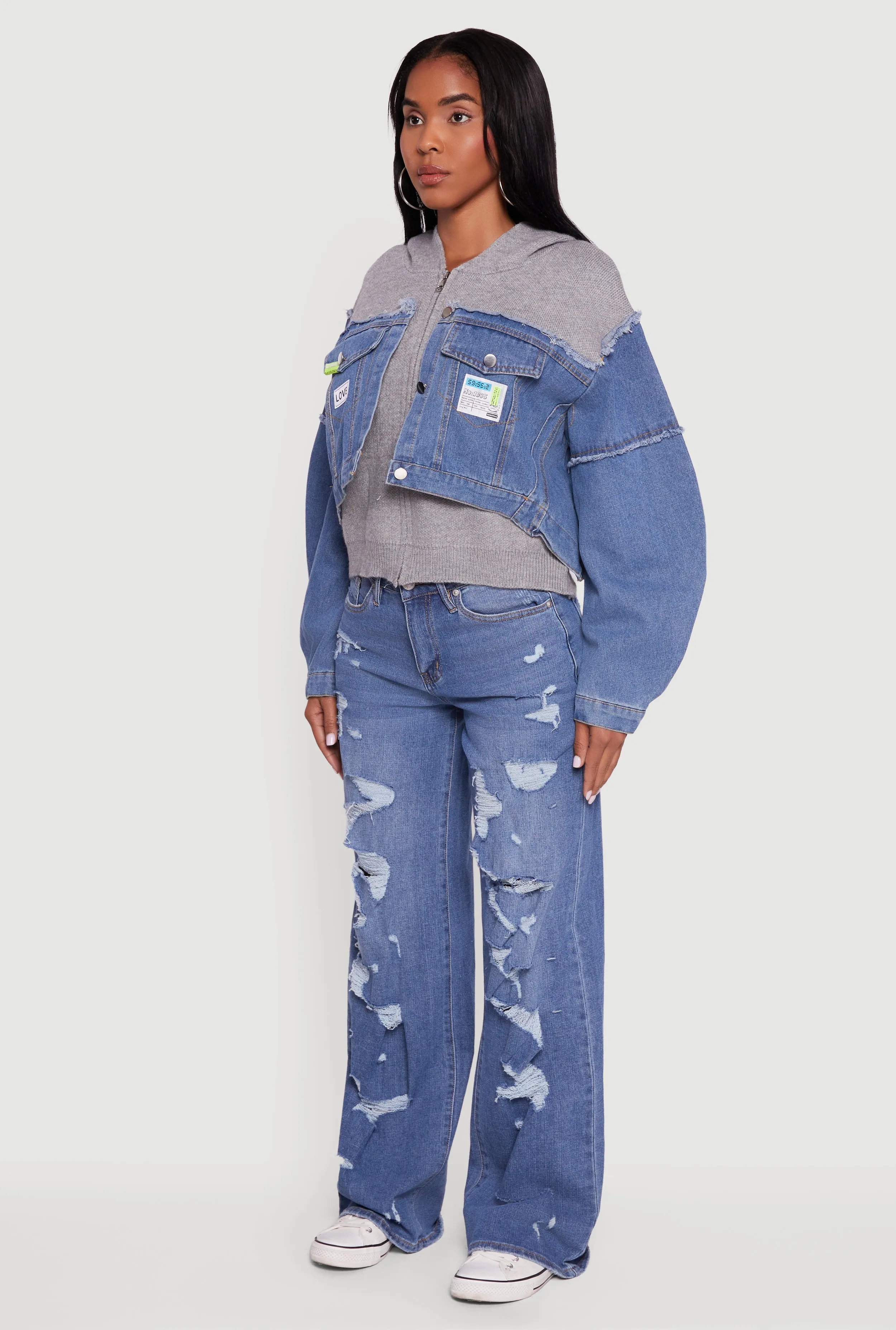 Hooded Sweater Insert Layered Look Denim Jacket sold by Rainbow product image thumbnail 5