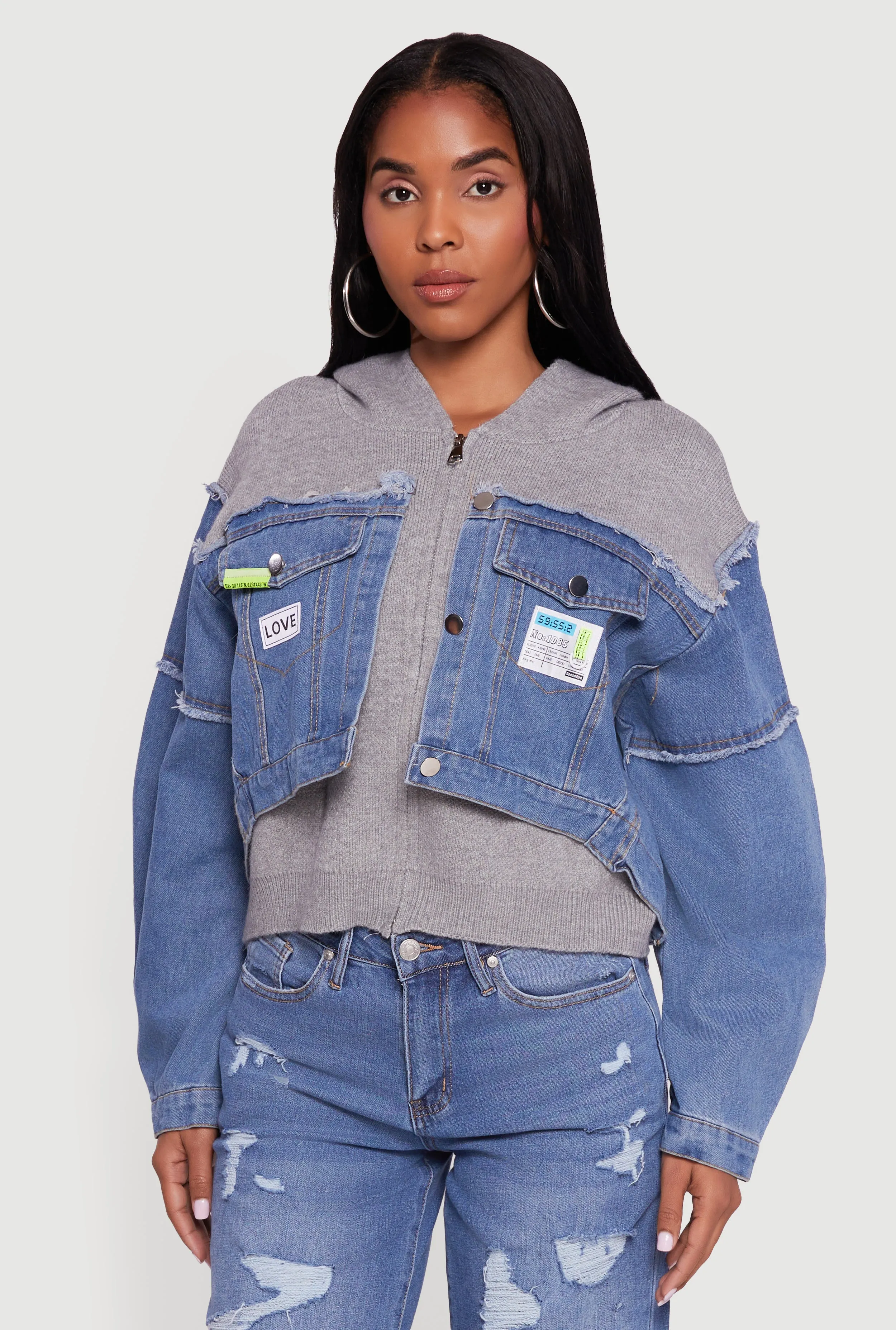Hooded Sweater Insert Layered Look Denim Jacket sold by Rainbow product image thumbnail 2