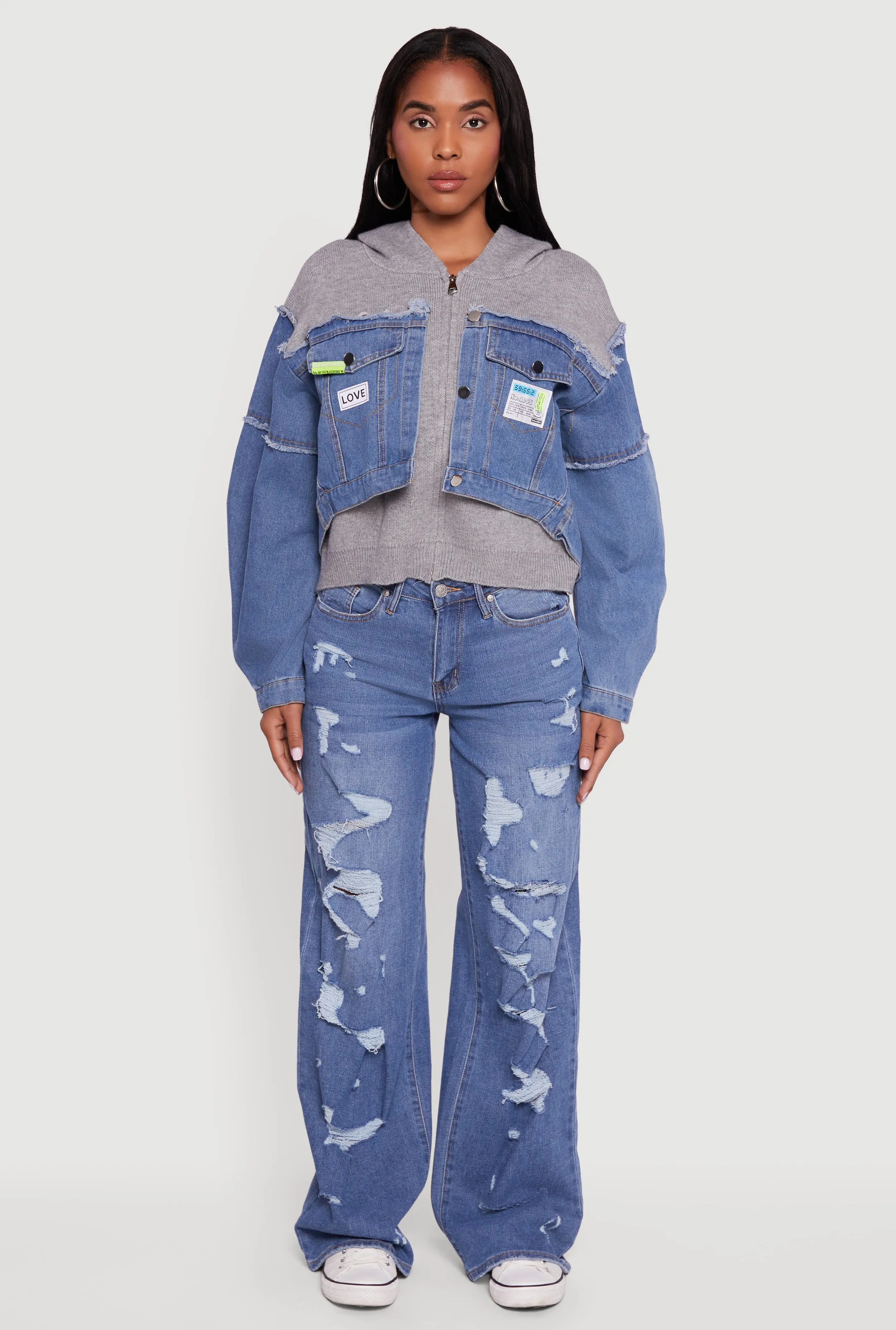 Hooded Sweater Insert Layered Look Denim Jacket sold by Rainbow product image thumbnail 3