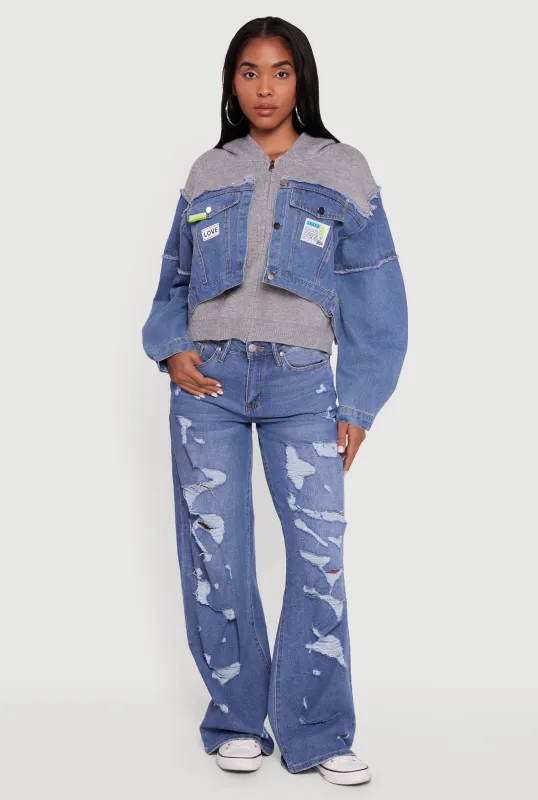 Hooded Sweater Insert Layered Look Denim Jacket sold by Rainbow