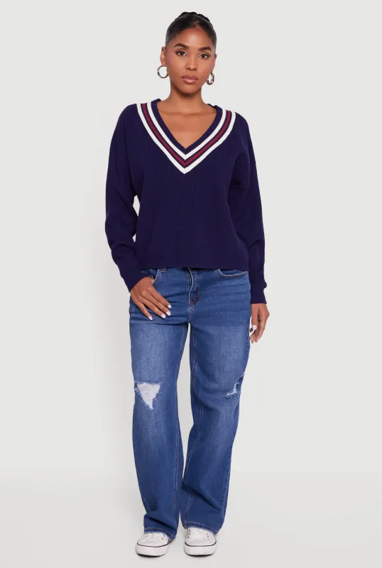 Varsity Stripe V Neck Drop Shoulder Sweater sold by Rainbow