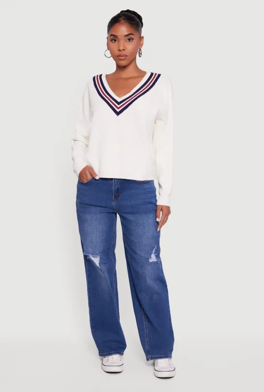 Varsity Stripe V Neck Drop Shoulder Sweater sold by Rainbow