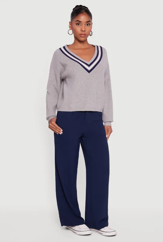 Varsity Stripe V Neck Drop Shoulder Sweater sold by Rainbow