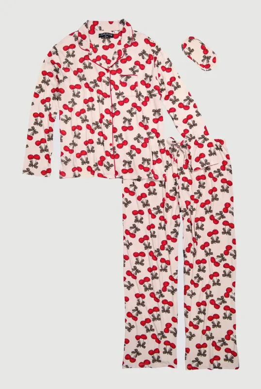 Plus Size Cherry Print Pajama Top and Pants with Sleep Mask sold by Rainbow