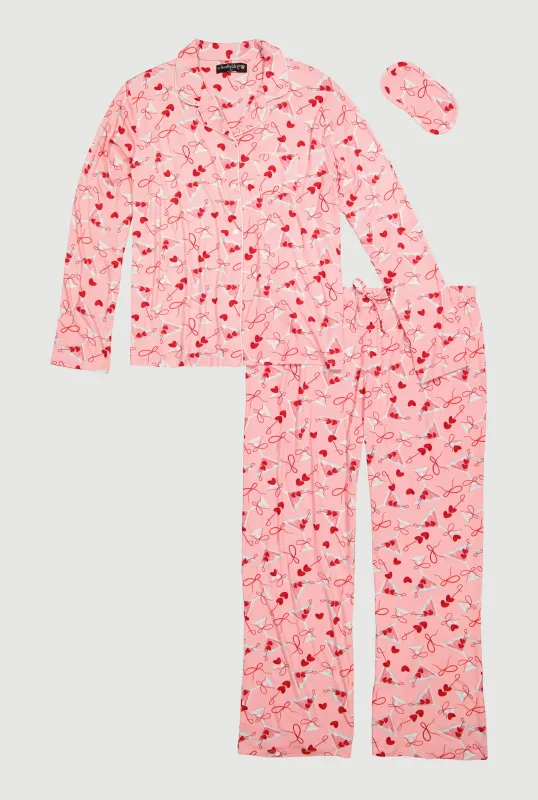 Plus Size Martini Graphic Pajama Top and Pants with Sleep Mask sold by Rainbow