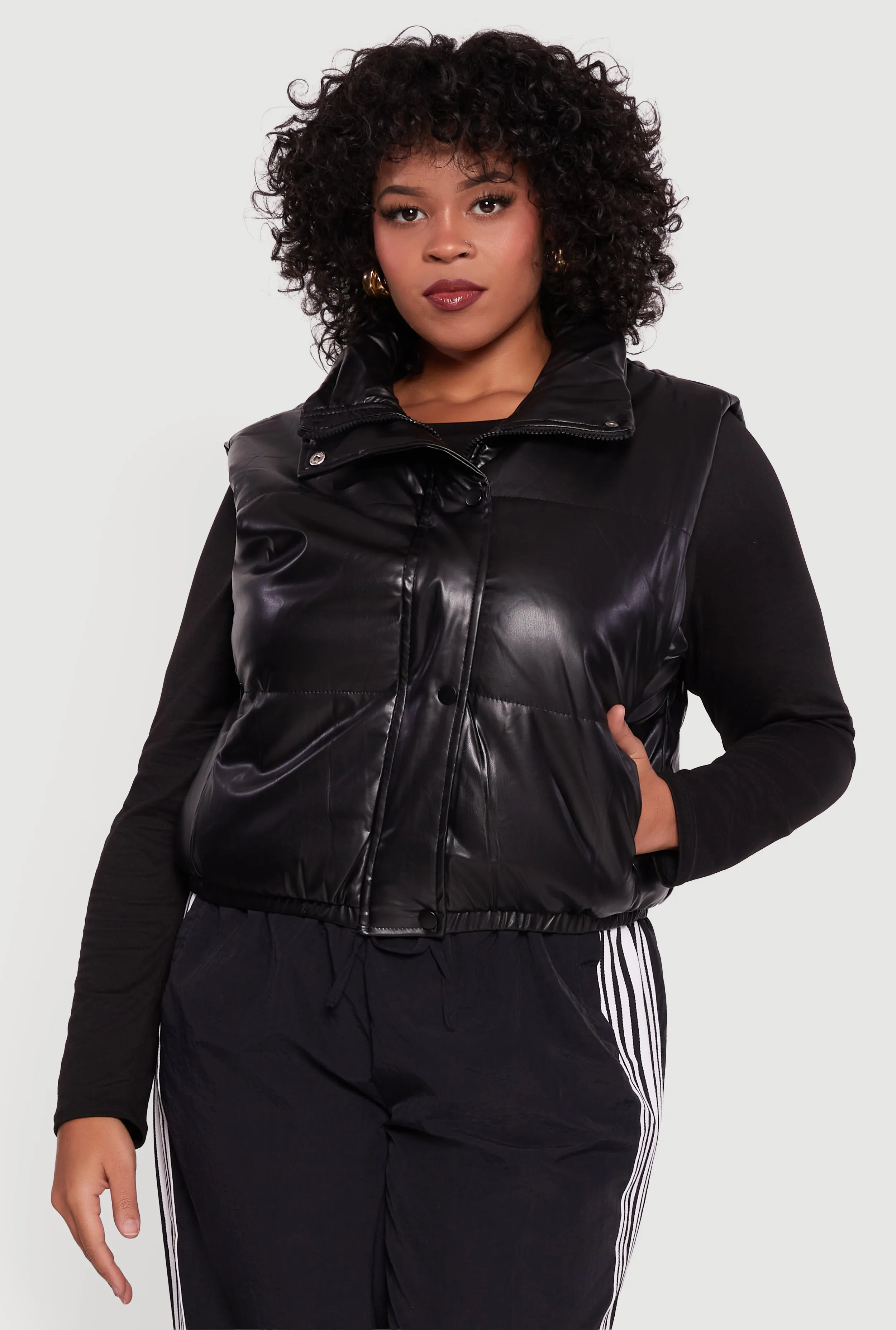 Plus Size Faux Leather Snap Button Zip Front Puffer Vest sold by Rainbow product image thumbnail 2