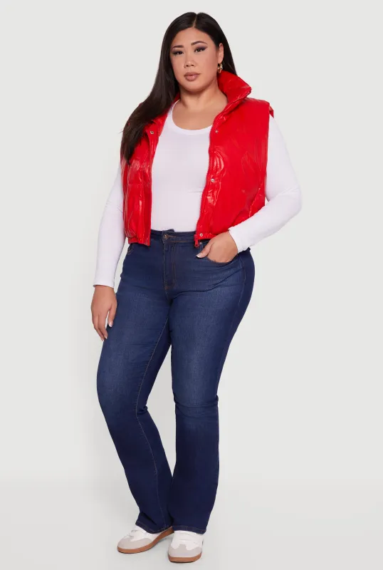 Plus Size Faux Leather Snap Button Zip Front Puffer Vest sold by Rainbow