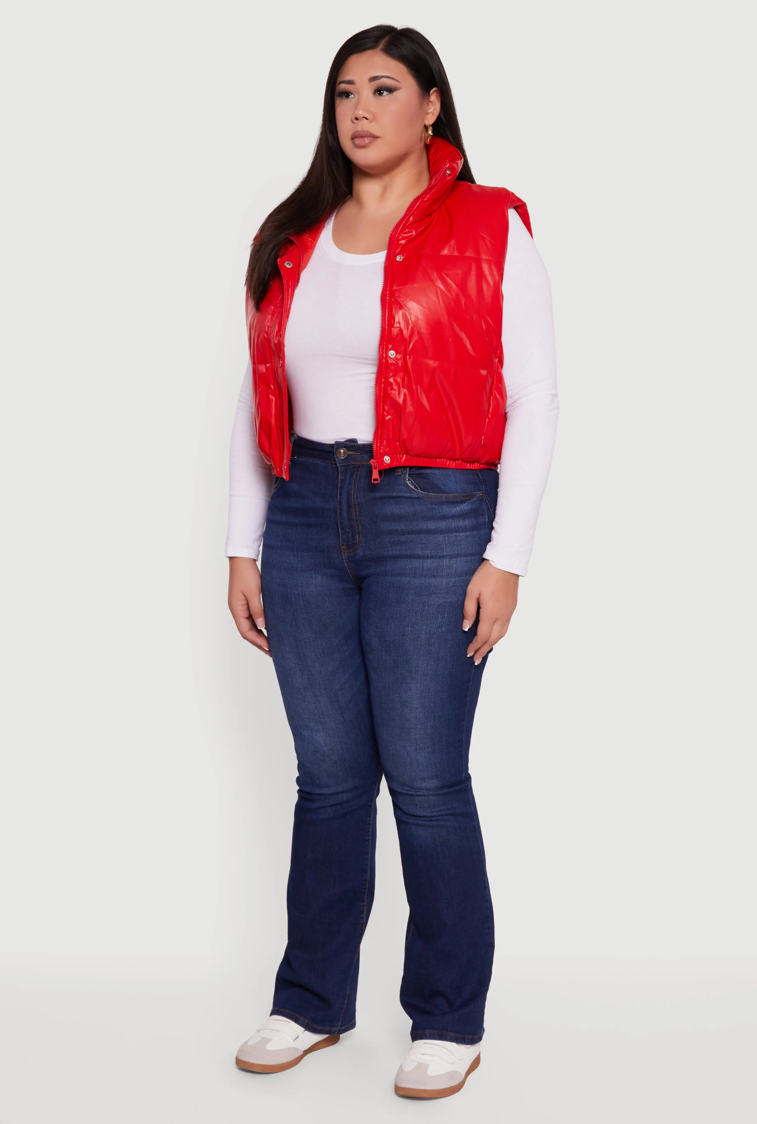 Plus Size Faux Leather Snap Button Zip Front Puffer Vest sold by Rainbow product image thumbnail 5