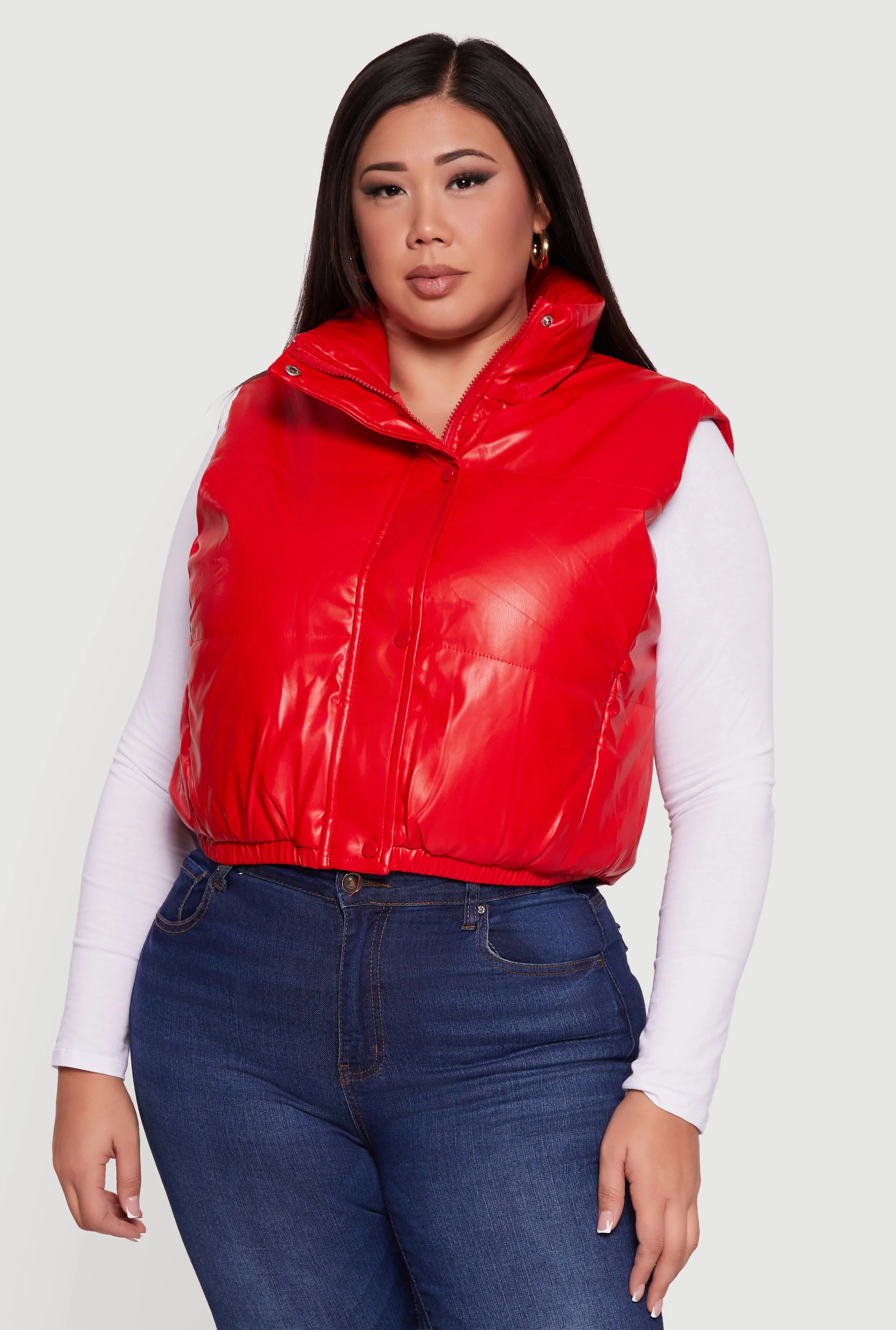 Plus Size Faux Leather Snap Button Zip Front Puffer Vest sold by Rainbow product image thumbnail 2
