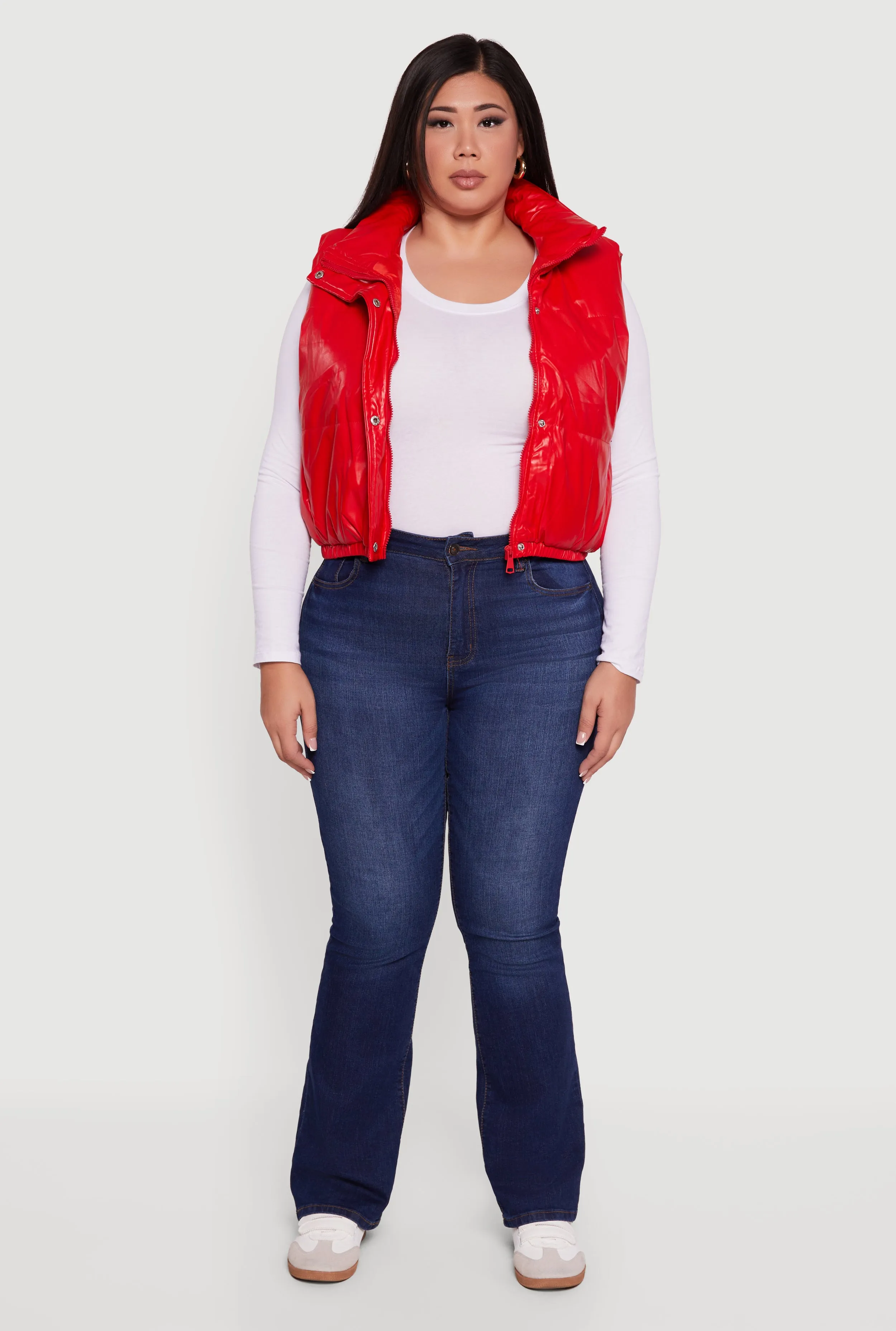 Plus Size Faux Leather Snap Button Zip Front Puffer Vest sold by Rainbow product image thumbnail 3
