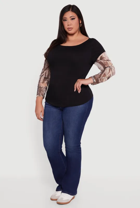 Plus Size Hunter Camo Mesh Sleeve Crew Neck Top sold by Rainbow