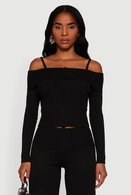 Rib Knit Cropped Fold Over Cold Shoulder Sweater sold by Rainbow