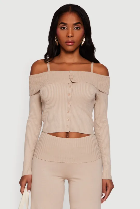 Rib Knit Cropped Fold Over Cold Shoulder Sweater sold by Rainbow