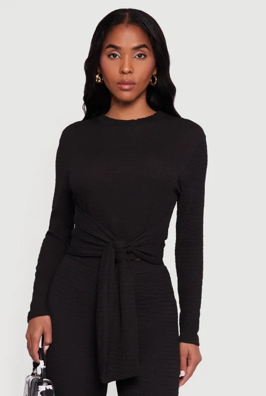 Textured Knit Tie Front Long Sleeve Blouse sold by Rainbow