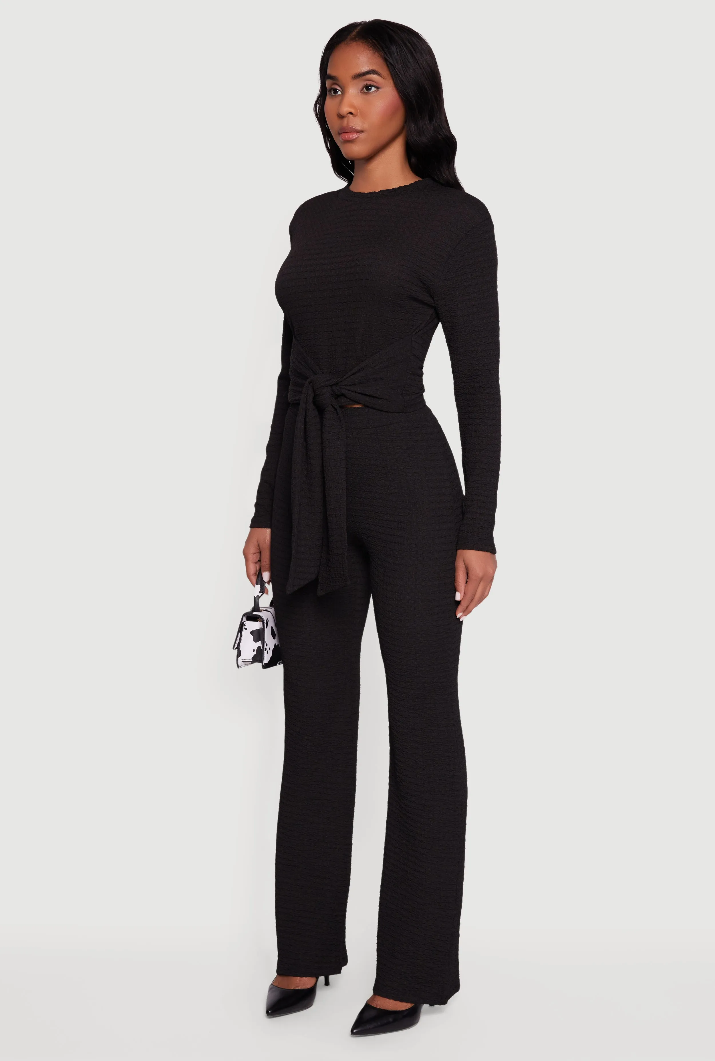 Textured Knit Tie Front Long Sleeve Blouse sold by Rainbow product image thumbnail 5