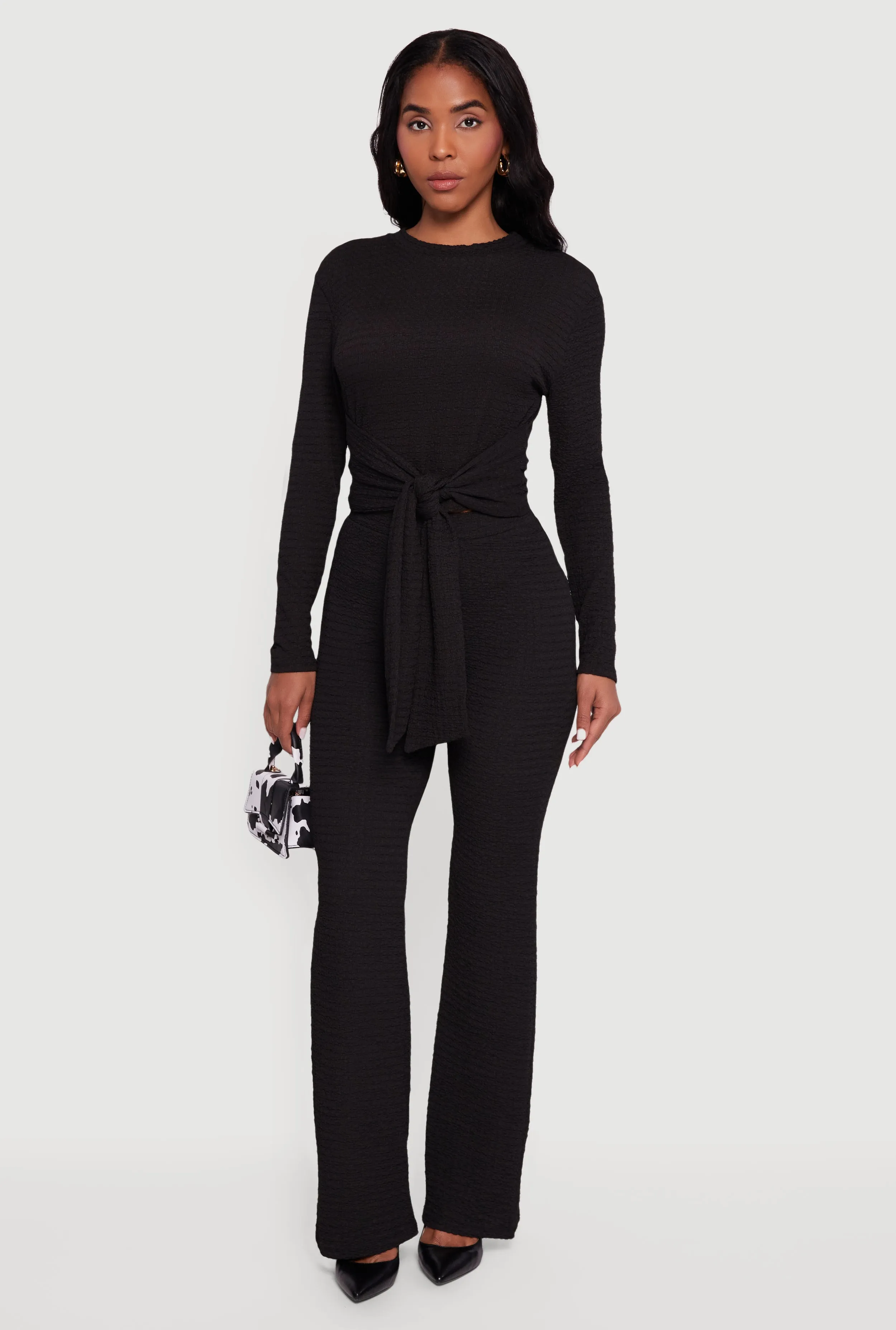 Textured Knit Tie Front Long Sleeve Blouse sold by Rainbow product image thumbnail 2