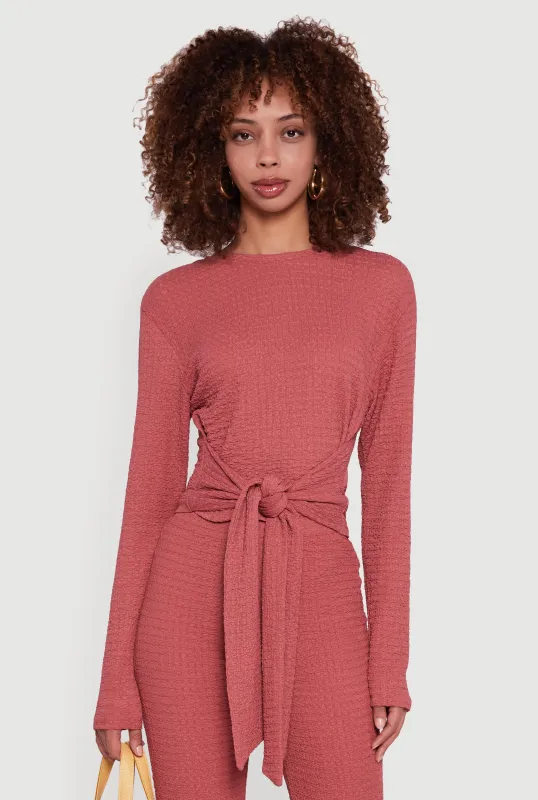 Textured Knit Tie Front Long Sleeve Blouse sold by Rainbow