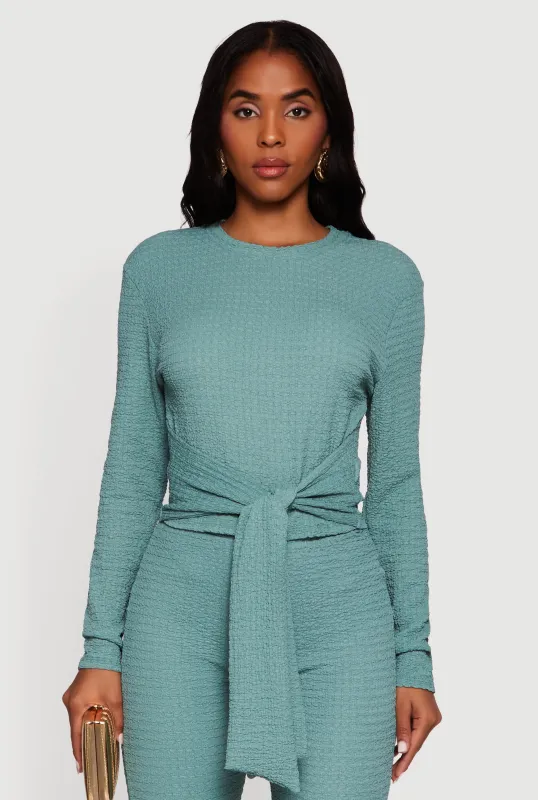 Textured Knit Tie Front Long Sleeve Blouse sold by Rainbow