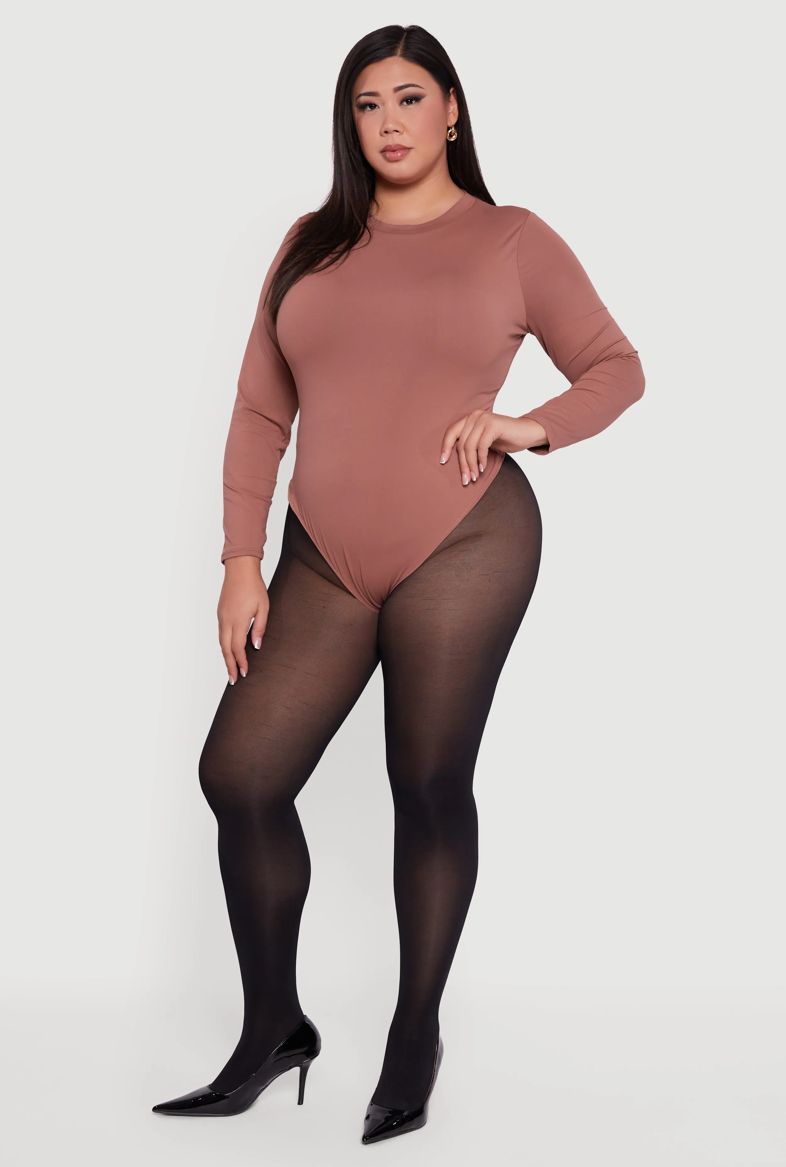 Plus Size Double Layer Long Sleeve Crew Neck Bodysuit sold by Rainbow