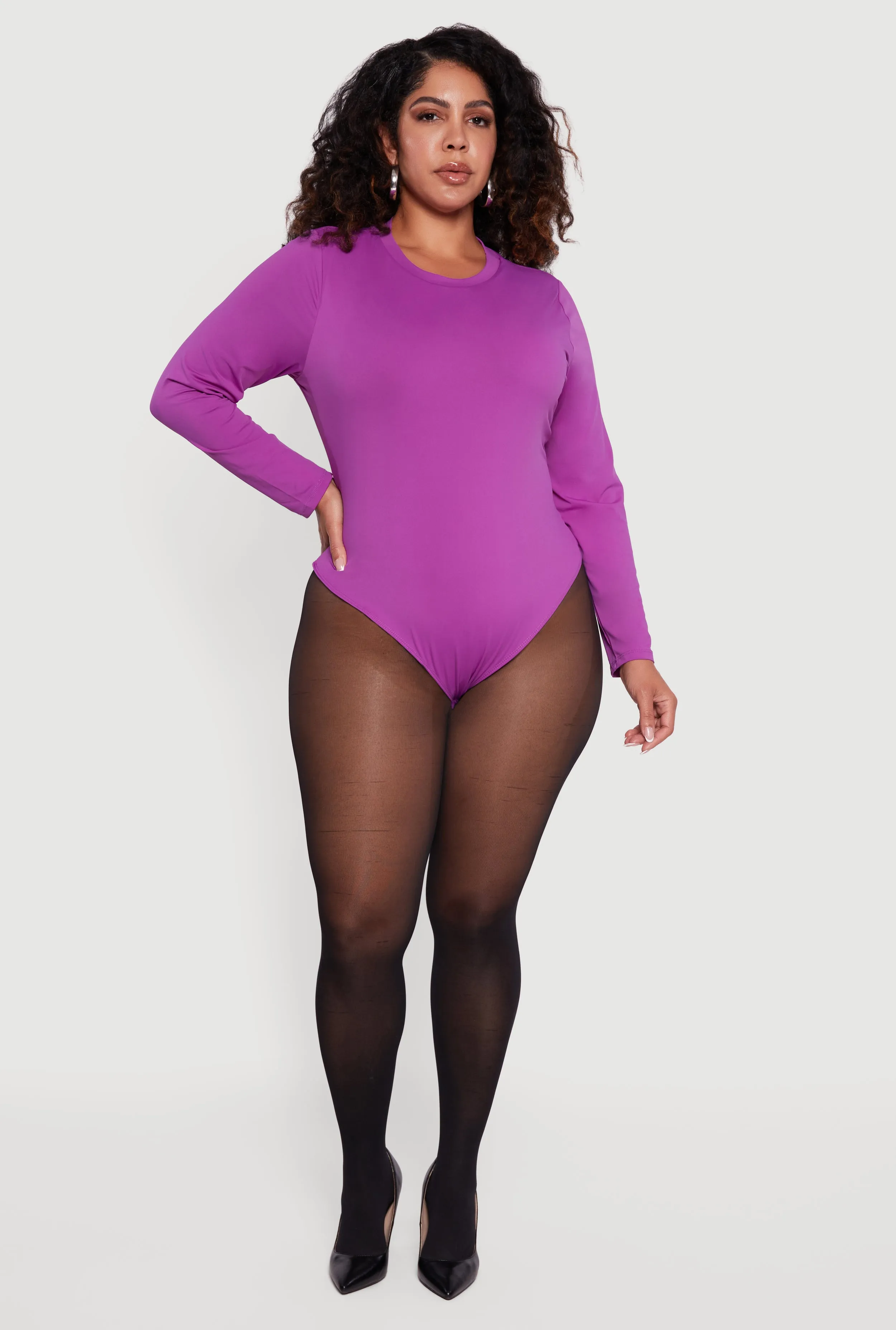 Plus Size Double Layer Long Sleeve Crew Neck Bodysuit sold by Rainbow